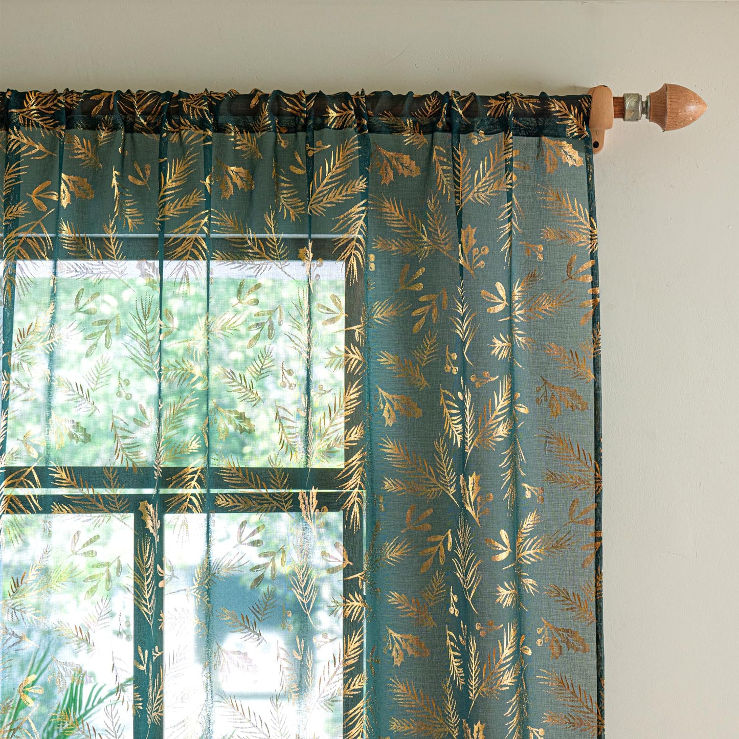 Deeprove Emerald Green Sheer Curtains 84 inches Long 2 Panels for Bedroom Living Room Xmas Decor Gliter Luxury Metallic Gold Foil Leaf Print Golden Window Treatments Pair Set, W52 x L84 Inch