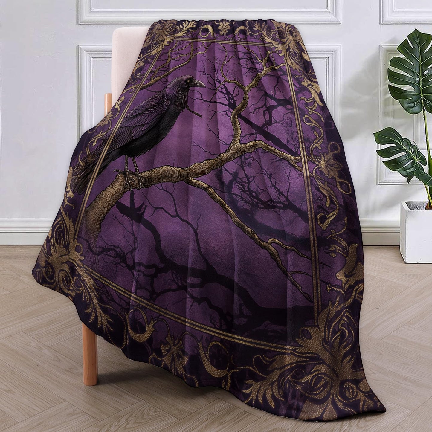 VANZEV Gothic Raven Fleece Blanket Gifts for Adults and Teens, Dark Fantasy Art Cozy Throw Blanket, Soft Warm Plush Blanket with Intricate Frame Design for Home Halloween Decor, 50x60 inches