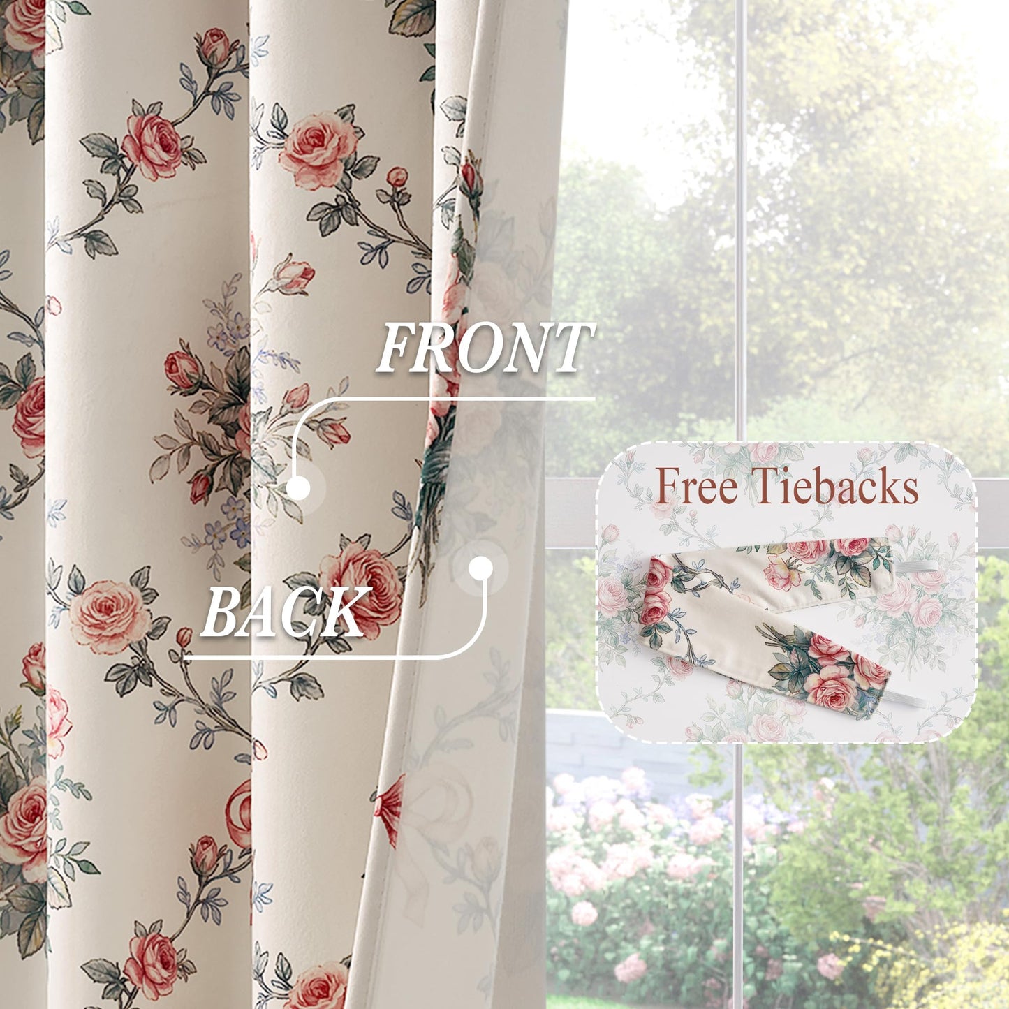 StangH French Country Rose Floral Velvet Curtains, Cream Shabby Chic Ribbon Bow Printed Window Drapes Romantic Privacy Panels for Girls Room Nursery, W52 x L84, 2 Panels