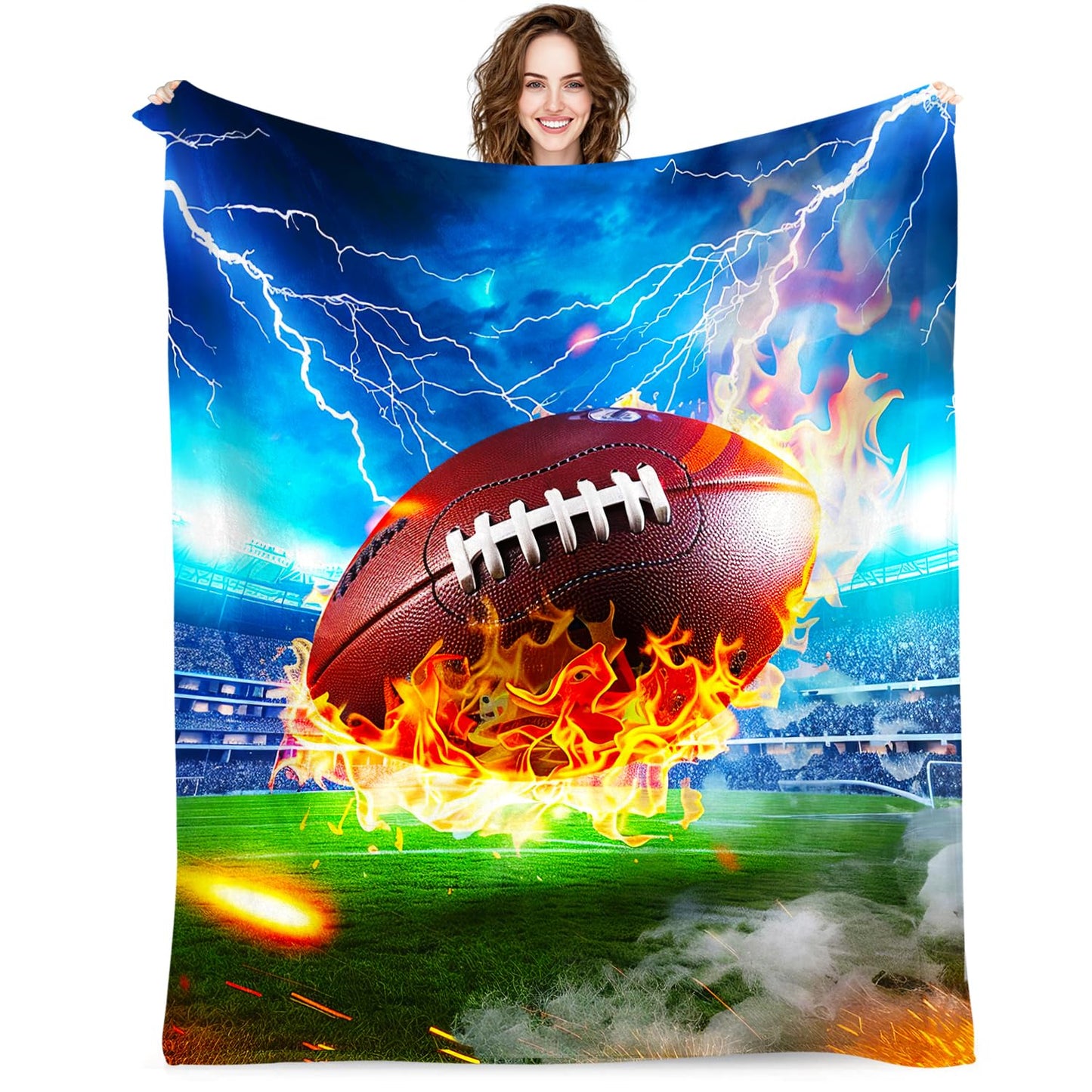 Football Blanket for Kids Adults, Super Soft Funny Cool Fire Blue Field Football Sport Throw Blanket Gifts for Kids Boys Girls Men Women, Warm Cozy Fuzzy Plush Fleece Flannel Blankets 50"x40"
