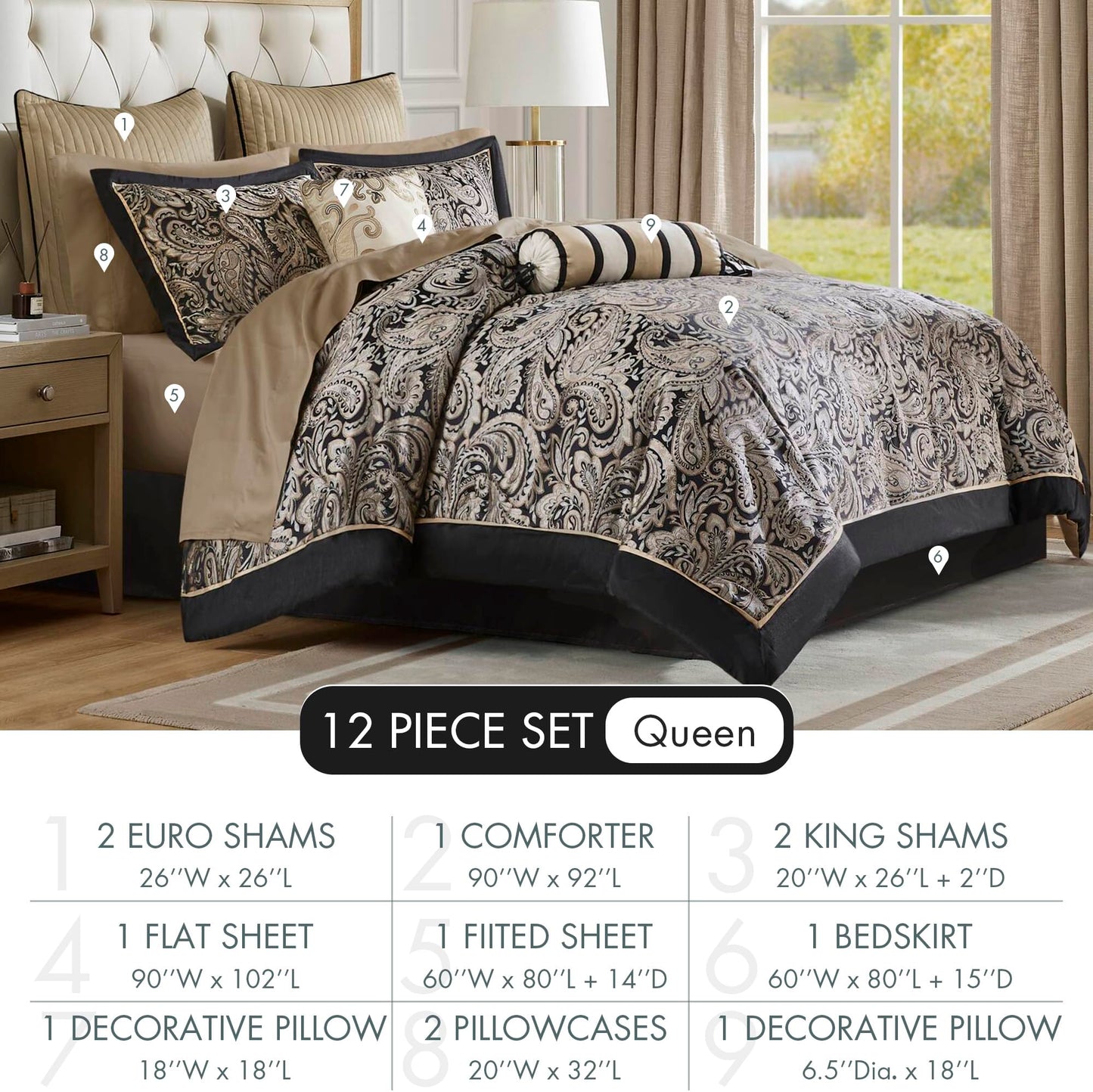 Madison Park Aubrey Cozy Comforter Set, Faux Silk Jacquard Paisley Design - All Season Down Alternative Bedding with Cotton Bed Sheets, Bed Skirt & Toss Pillows, Queen Black 12 Piece