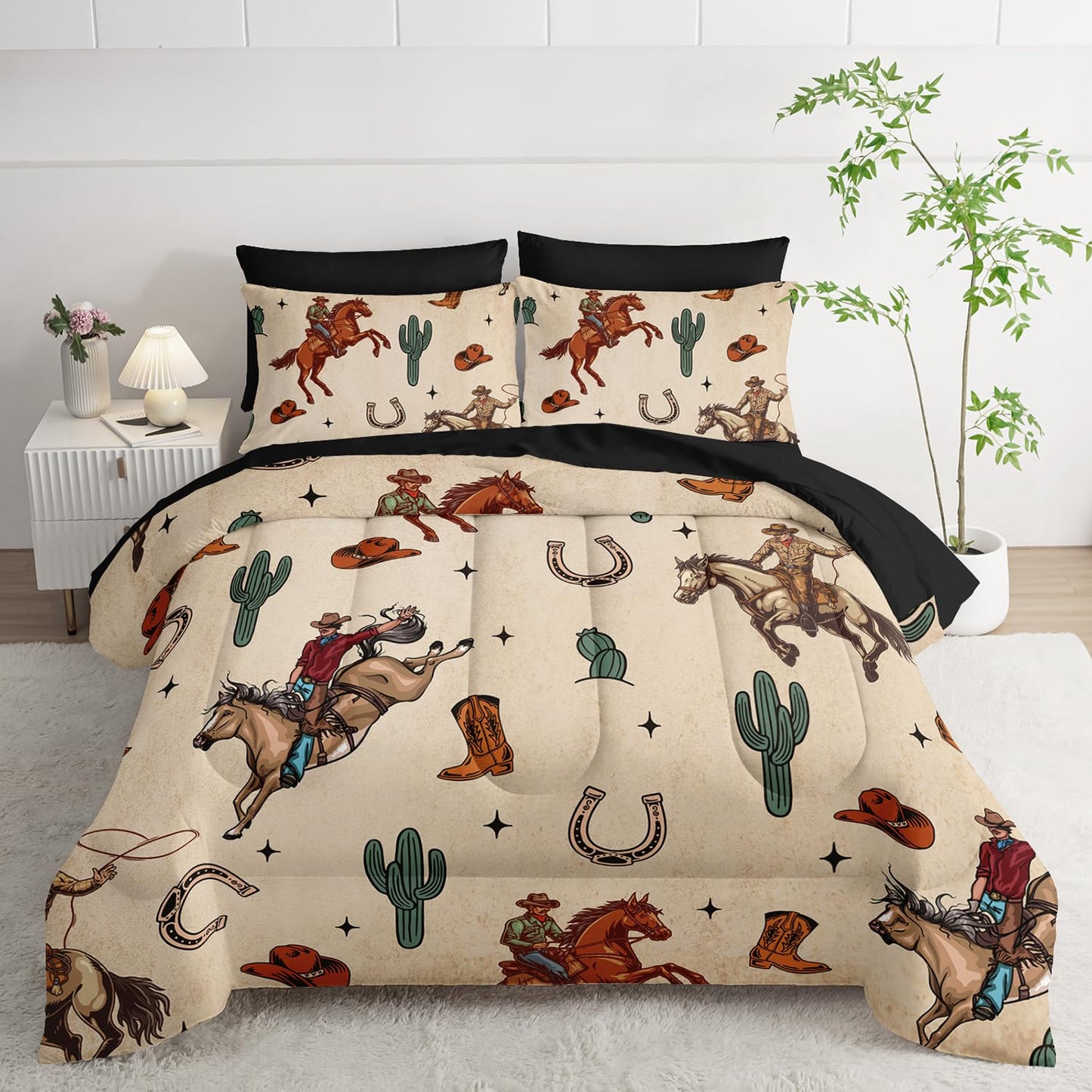 AILONEN 7-Piece Western Cowboy Comforter Sets Full Size,Rodeo Cowboy Riding Bull with Cacti Bedding Set for Kids,Ranch Jomon Comforter & Fitted Sheet with Flat Sheet & 2 Pillowcases,2 Pillow Shams