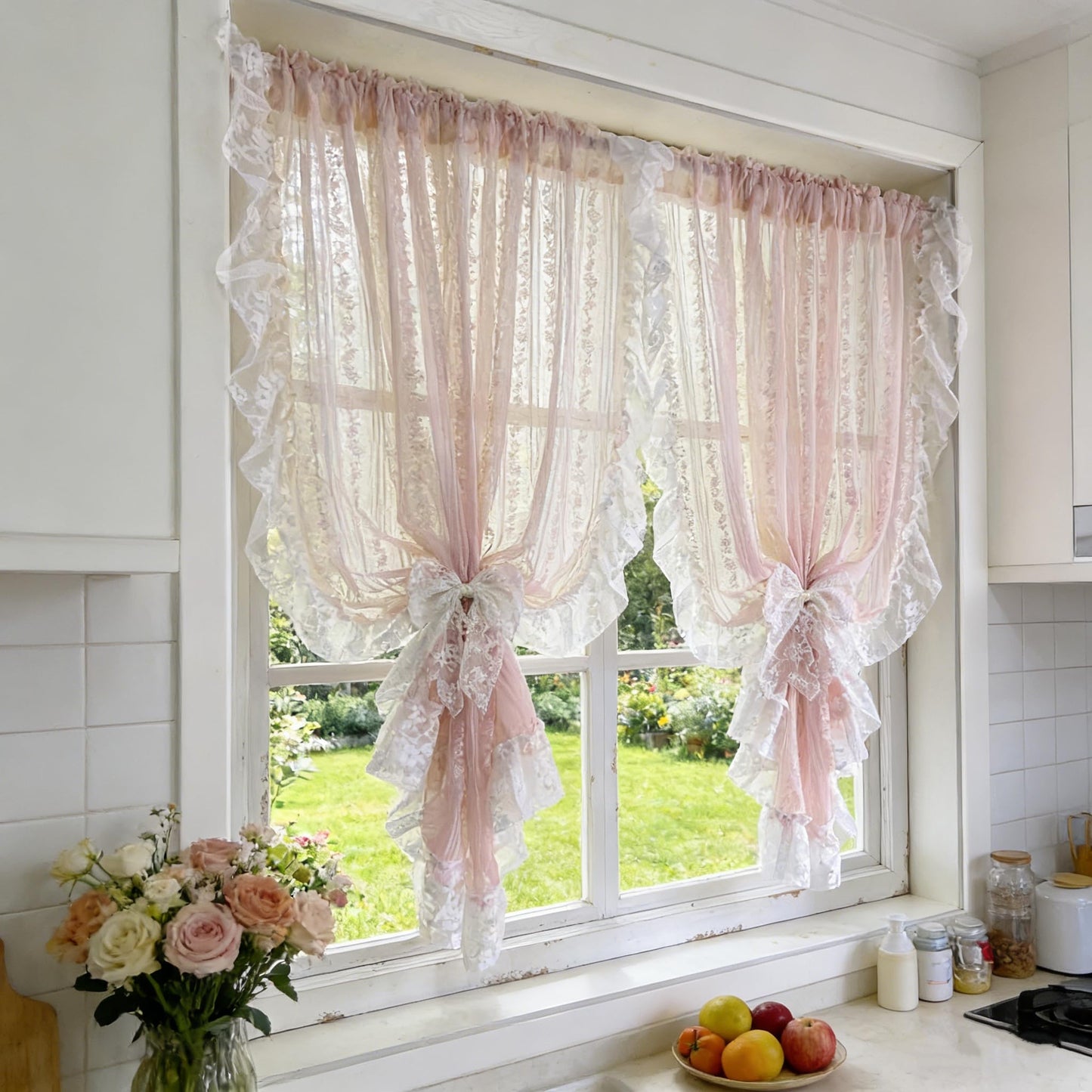 NewWPKIRA Floral Embroidery Sheer Lace Curtain with Ruffle Trim Romantic Gauze Curtains for Girl's Bedroom Living Room Rod Pocket Top 2 Panels (Pink,W59 x L47 inches)