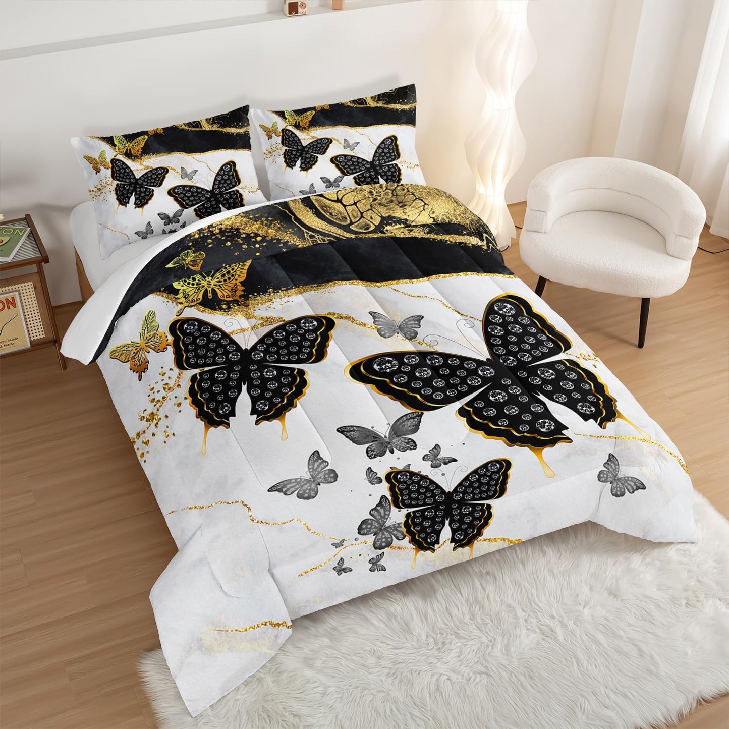 UEVBF Kids Bedding Twin Size Comforter Set,Black and Gold Butterfly Bedding Comforter Sets for Boys Girls Room Decor,Marble Texture Artistic Aesthetic Bedding Sets with 2 Pillowcases.