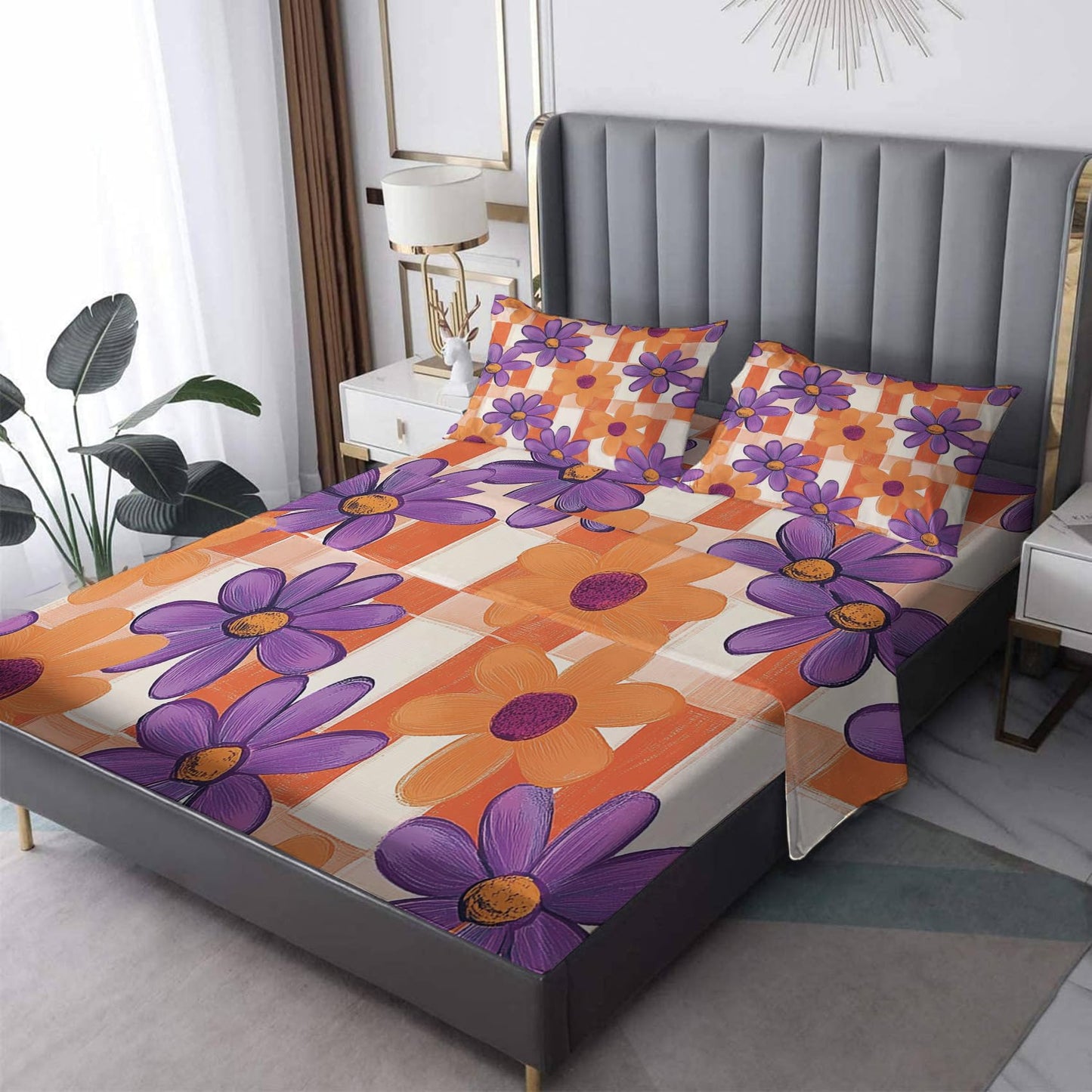NOGAWA 60s 70s Retro Floral Sheets Queen Size, Bohemian Hippie Flower Bed Sheets, Bedding Sheets & Pillowcases 4 Piece Set - Soft Microfiber Deep Pocket Fitted Sheet & Flat Sheet & 2 Pillow Cases