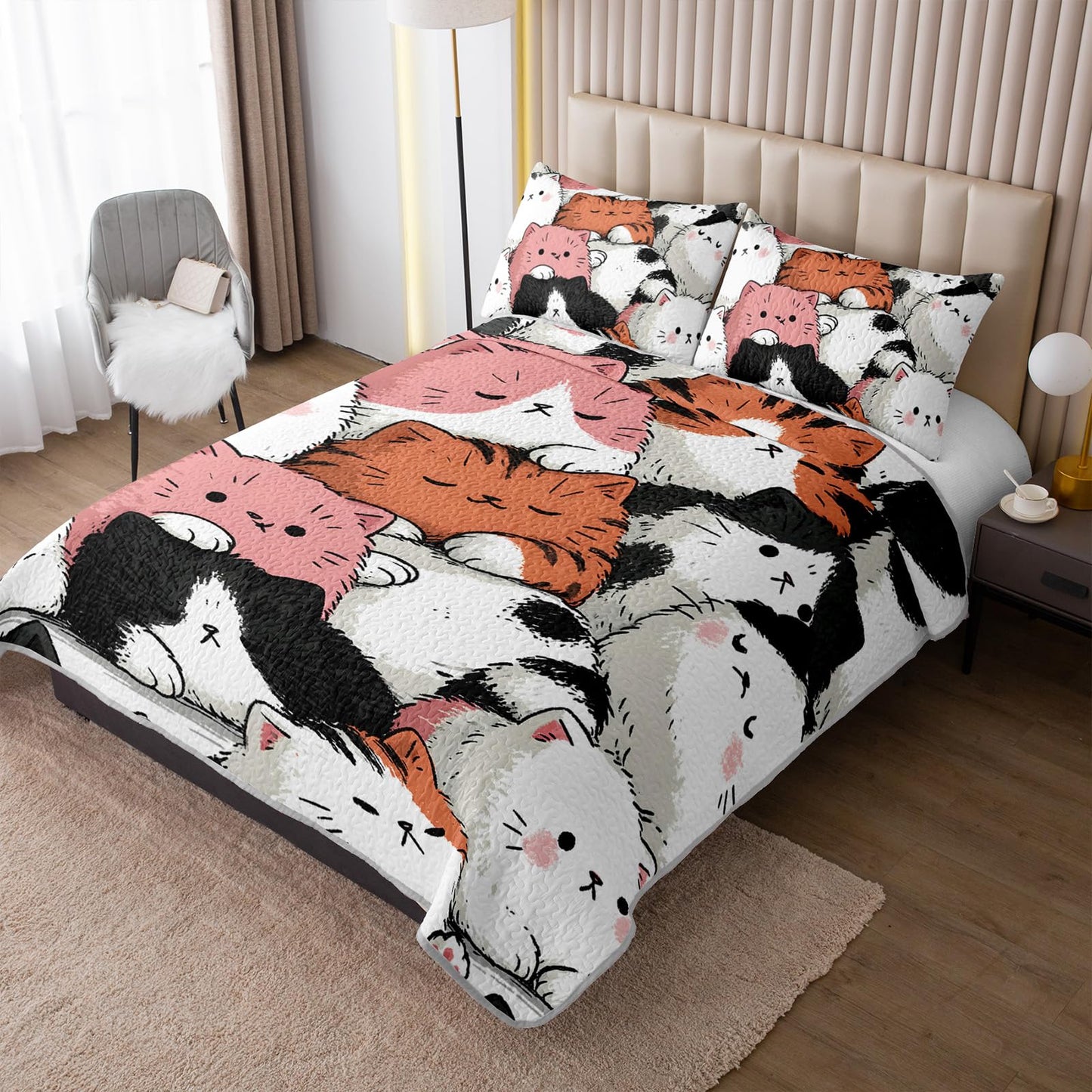 AILONEN Full Quilted Comforter Set 3 Piece, Whimsical Lazy Kitten Bedspread Coverlet 2 Pillowcases, Soft Artistic Feline Bedding Teens Apartment Cozy Chubby Cat Animal Print Multi