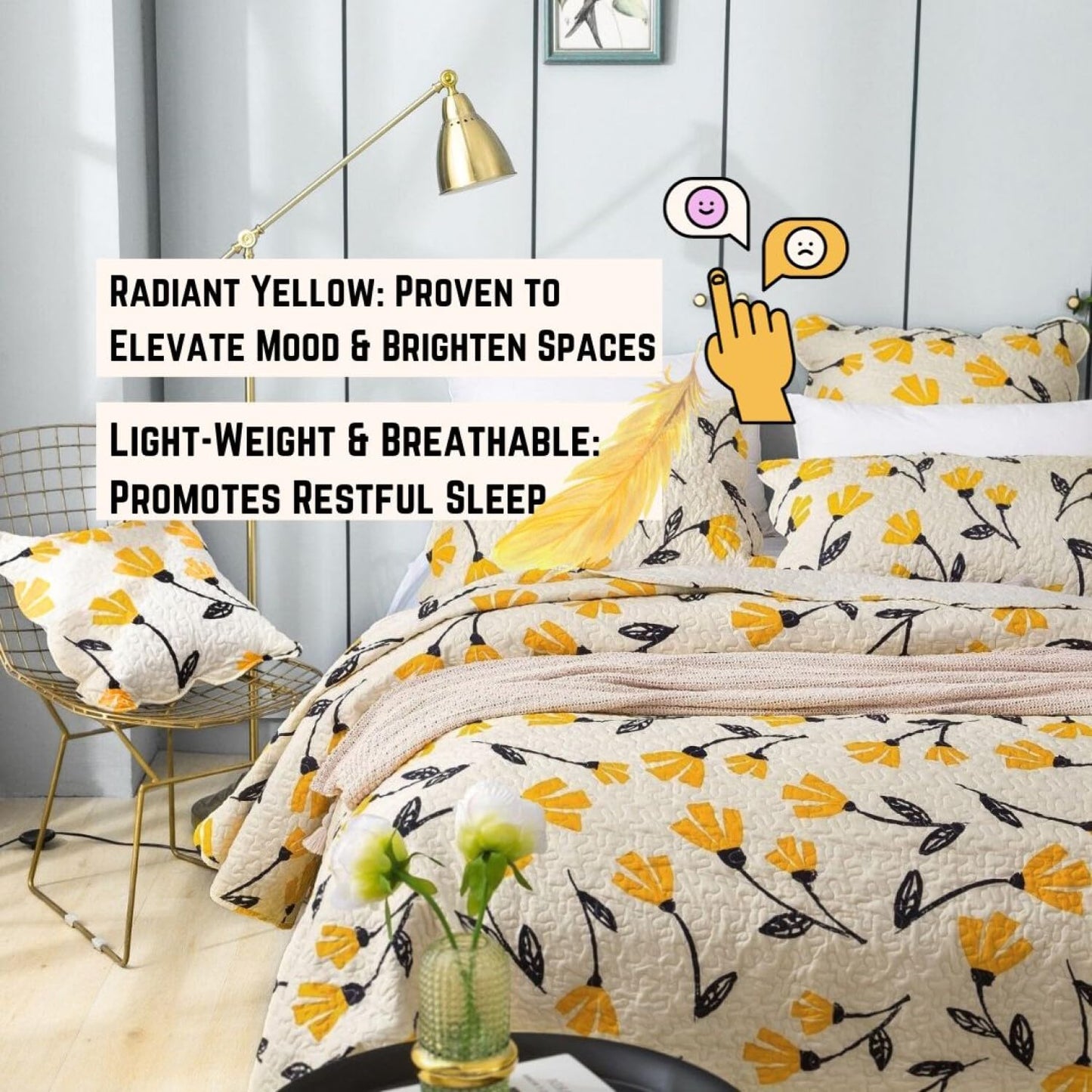 DaDa Bedding Botanical Floral Bedspread Quilt - Yellow Fleur Golden Yellow Spring Time Tulips Quilted Coverlet Set - Scalloped Edges Bright Vibrant Ivory Cream - King Size - 3-Pieces
