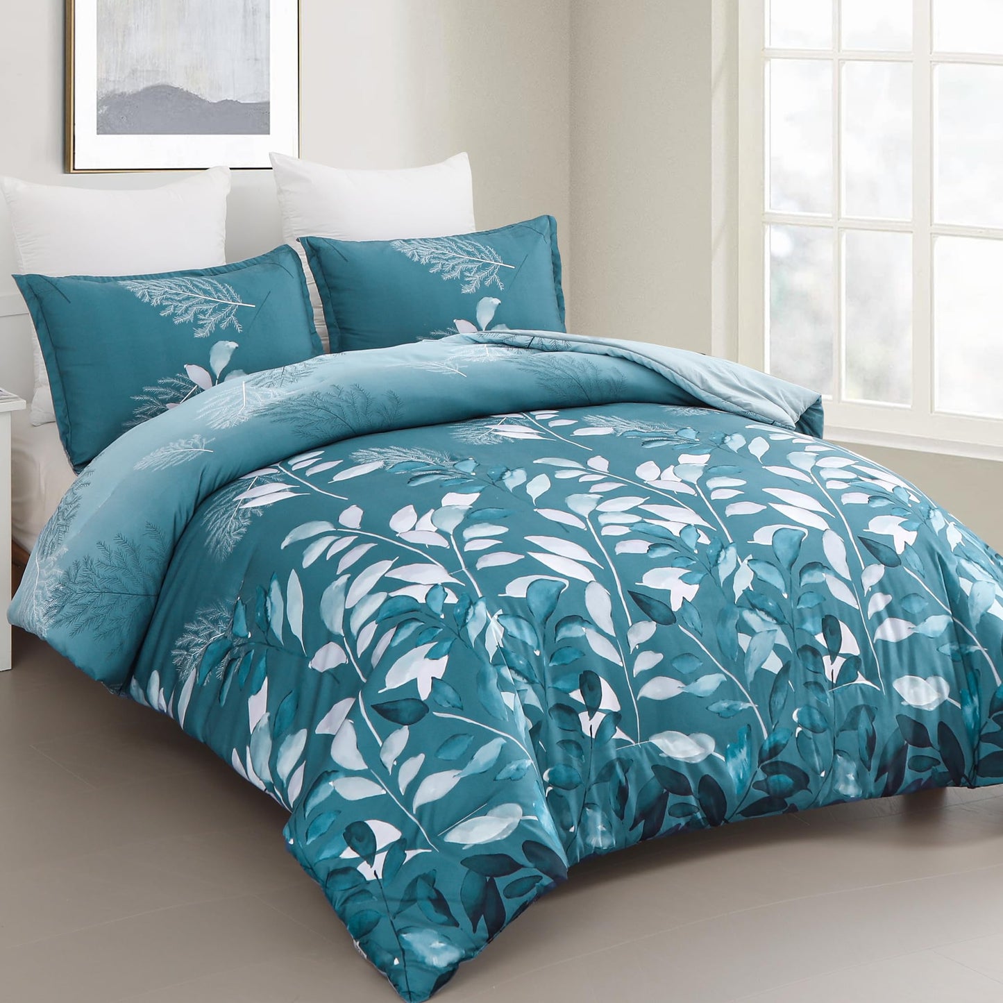 DJY Teal Botanical Comforter Set King, 3 Pieces Blue Leaves Comforter for King Size Bed Reversible Floral Bed Comforter Set Soft Microfiber Bedding Set for All Season