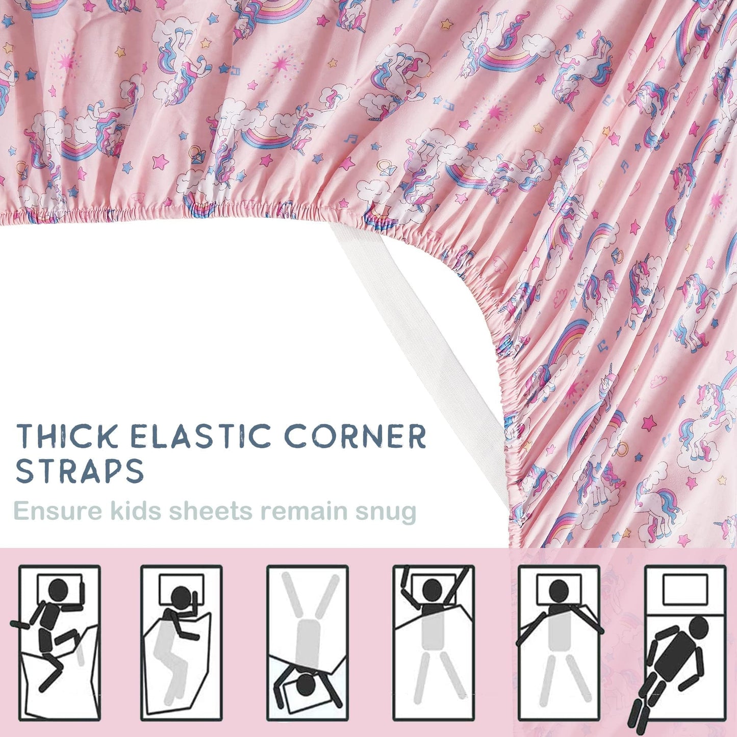 Softan Kids Bed Sheet Set, 4-Piece Full Size Sheets, Microfiber Fitted Sheet with 15 Inches Deep Pocket and Corner Straps, Breathable & Silky Soft Pink Unicorn Pattern Sheet and Pillowcase Sets