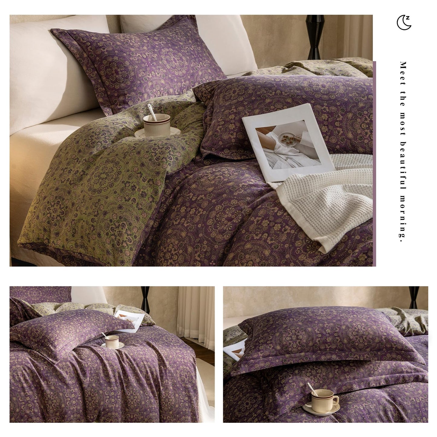 VM VOUGEMARKET Purple Green Duvet Cover Queen,3 Pieces Retro Boho Medallion Jacquard Flower Bedding Set,Linen Cotton Yarn-Dyed Textured Duvet Cover with Zipper Closure