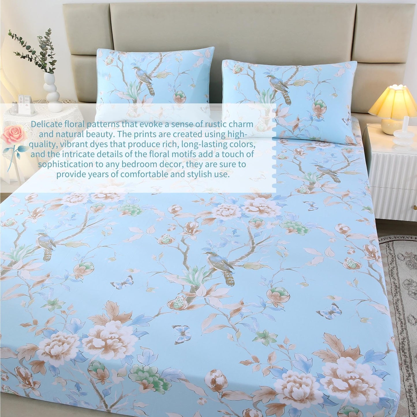 RYNGHIPY Egyptian Cotton Bed Sheet Set Blue Bird Botanical Pattern Bed Sheets Deep Pocket Fitted Sheet Tree Branches Print Bedding Soft Breathable (Light Blue,Queen Size)