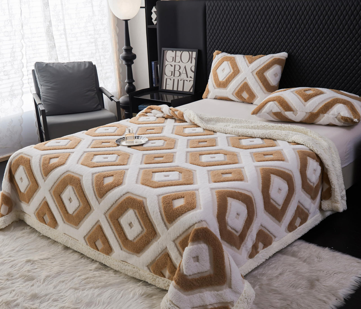 LEVINIS Boho Sherpa Fleece Blanket 80'' × 90'', Ultra Soft Aztec Queen Blankets for All Season, Cozy, Plush, Bohemian Throw Blanket for Bed/Couch/Sofa/Office/Camping, Camel