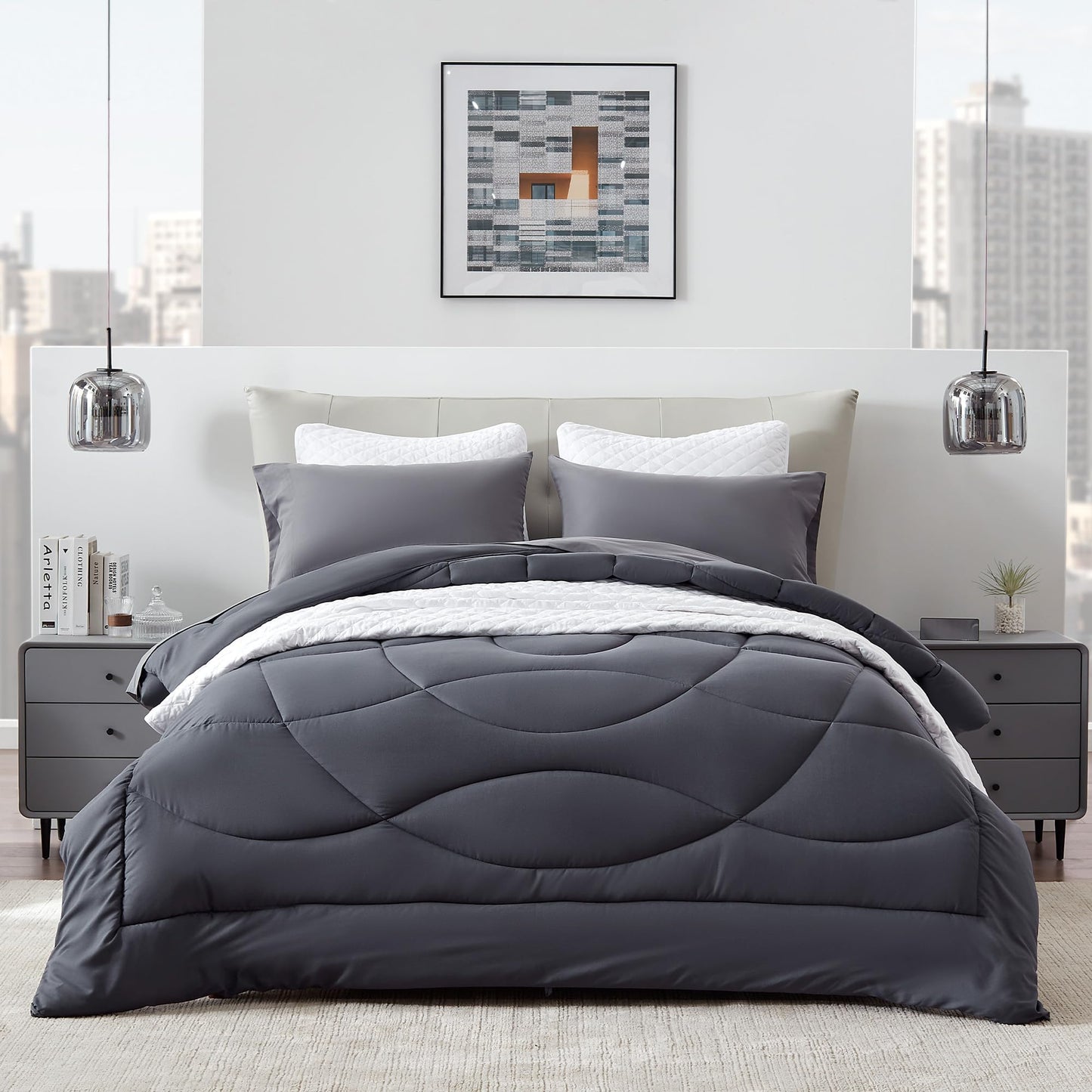 SLEEP ZONE Comforter Duvet Insert, Queen Size Quilted Reversible Comforters, Soft All Season Duvet, Down Alternative Breathable Bedding with 8 tabs, 2 Sides Dark Gray 88 x 88 Inches