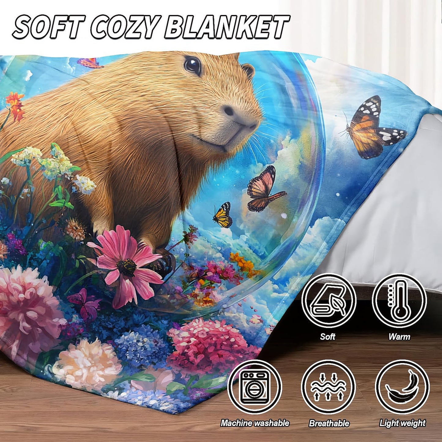 YISUMEI Capybara Gifts Throw Blanket, 50"x60", Capybara Butterfly Bubbles Cozy Blanket for Women, Kids and Teens, Ultra Soft Plush Fleece Flannel Blanket for Couch & Bed, Room Decor