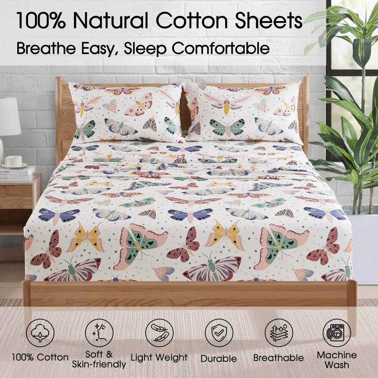 Ivellow Twin Sheets Set Kids 100% Natural Cotton Sheets Soft Breathable Durable Lightweight Crispy Percale Bed Sheets 16" Deep Pocket Butterfly Patterned Sheets Kids Twin Bedding Dorm Essentials