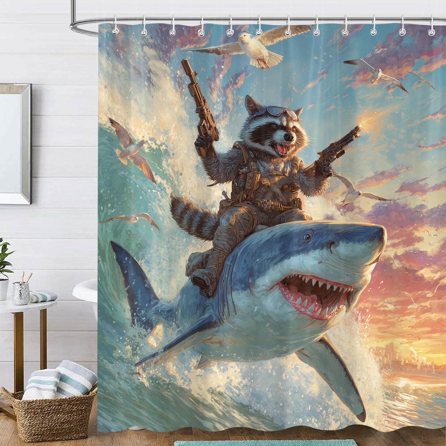 Sokdcam Funny Raccoon Riding Shark Shower Curtain, Fun Cool Animal Ocean Nautical Bathroom Curtains Set, Waterproof Fabric Bath Curtains Decor 72 X 72 Inch