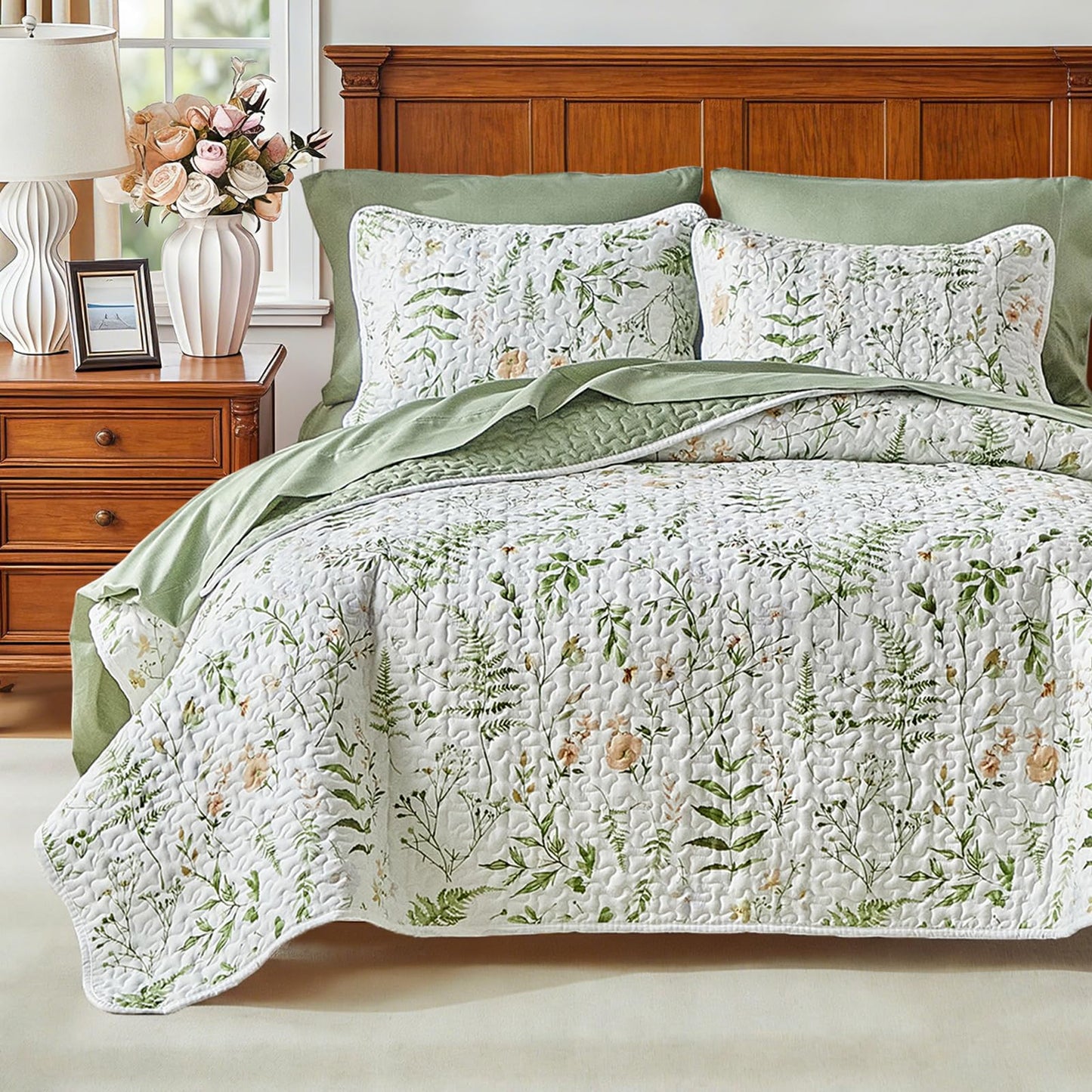 Floral Quilt Set 3 Piece Flower Quilt Sets Queen Size - Reversible Microfiber Quilt with 2 Shams Soft Breathable Botanical Bedding Spring Bedspread Coverlet Summer Comforter All Season Orange Green