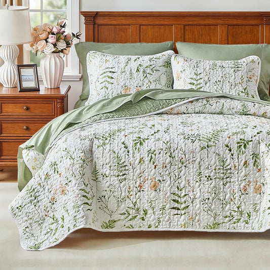 Floral Quilt Set 3 Piece Flower Quilt Sets Queen Size - Reversible Microfiber Quilt with 2 Shams Soft Breathable Botanical Bedding Spring Bedspread Coverlet Summer Comforter All Season Orange Green