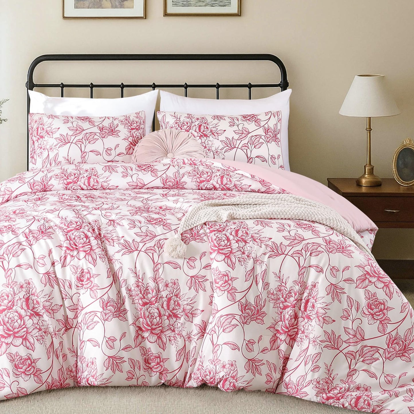 JANZAA King Size Comforter Set - Pink Floral Comforter, 3 Piece Cute Floral Bedding for All Season, 1 Soft Fluffy Breathable Microfiber Comforter Set with 2 Pillow Shams