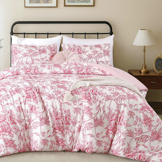 JANZAA King Size Comforter Set - Pink Floral Comforter, 3 Piece Cute Floral Bedding for All Season, 1 Soft Fluffy Breathable Microfiber Comforter Set with 2 Pillow Shams