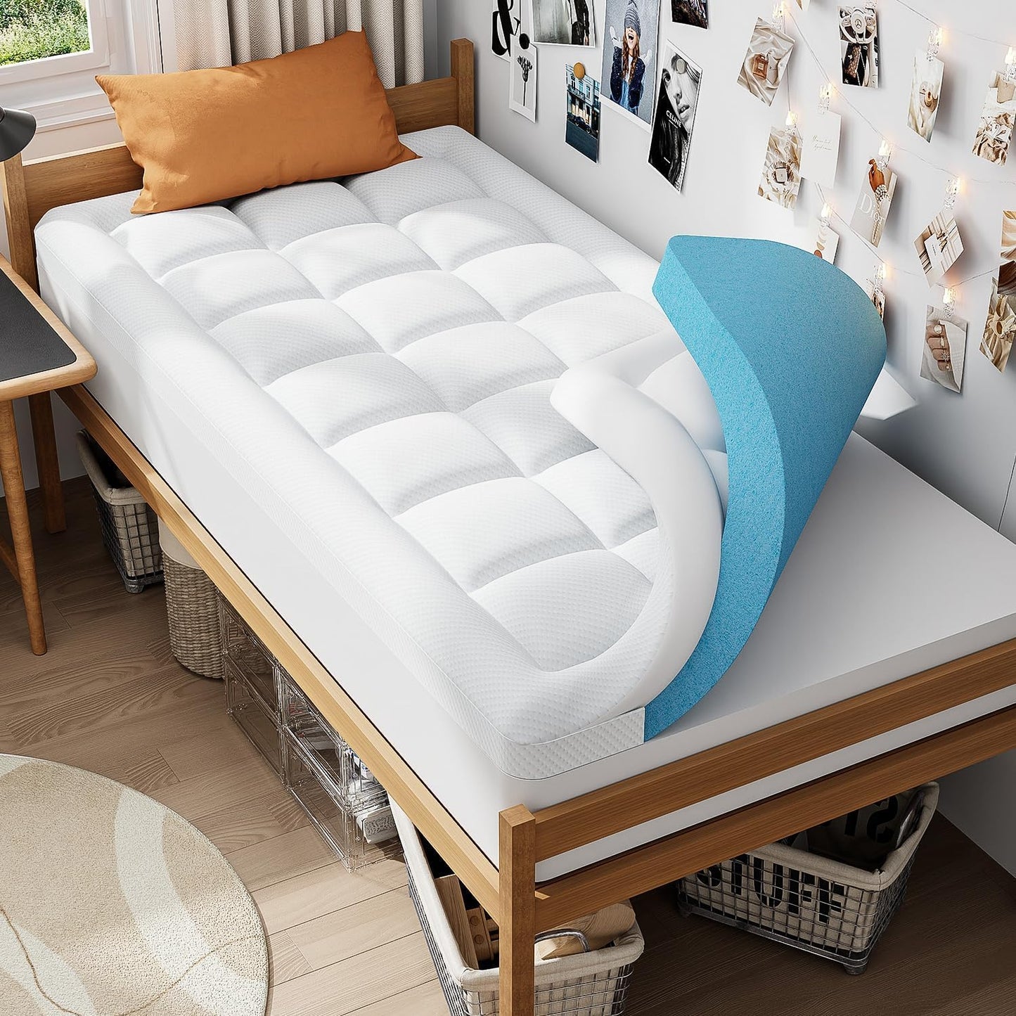ELEMUSE Twin XL Dorm Dual Layer 3 Inch Memory Foam Mattress Topper for College, Dorm Room Essentials, 2 Inch Cooling Gel Foam and 1 Inch Soft Pillow Top Bed Pad,Back to School Comfortable Support