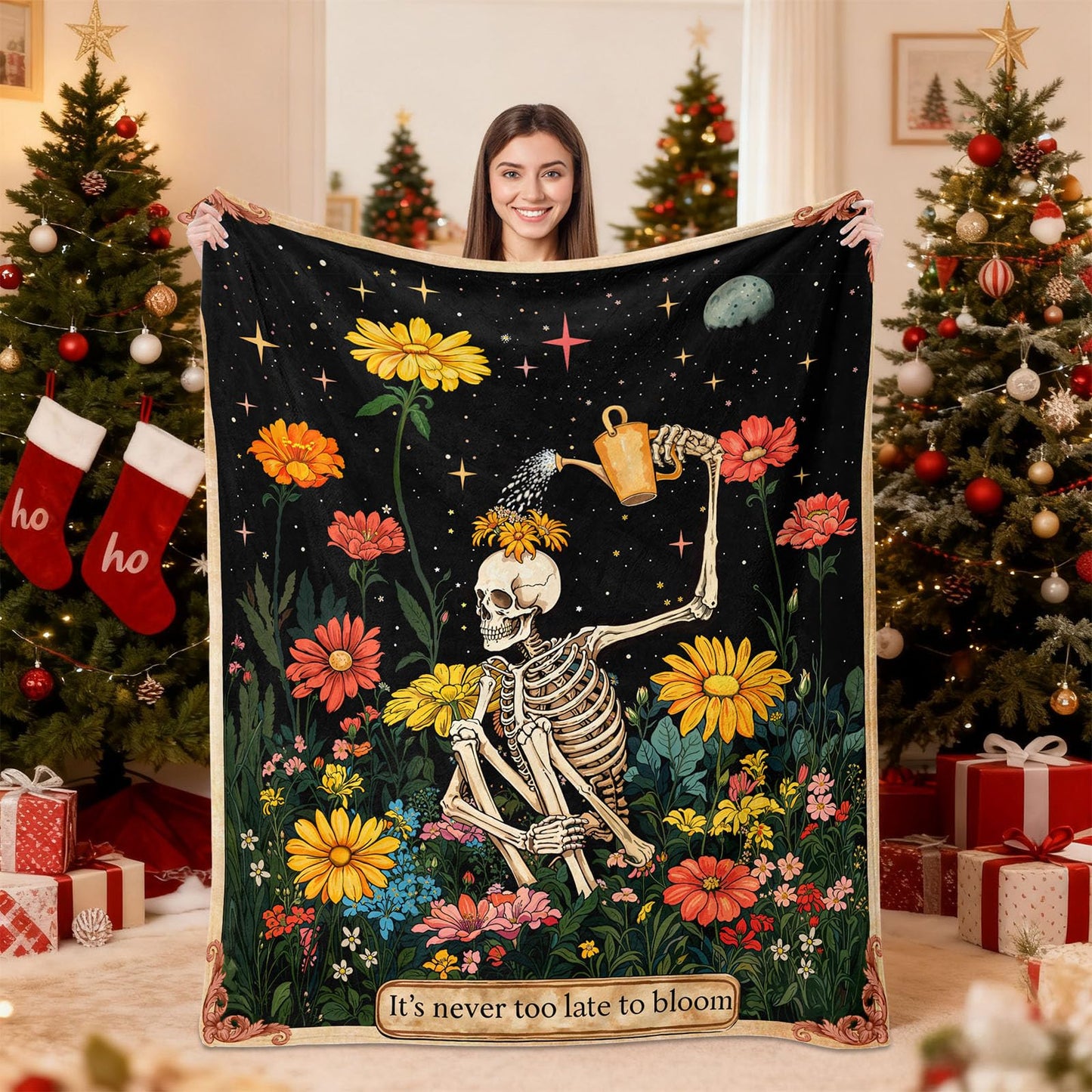 kampdream Life & Hope Flannel Blanket, Skeleton Watering Flowers, Super Soft & Warm Couch Sofa Living Room Optimistic Decor Ideal Gift for Family Friends 50×60 inch