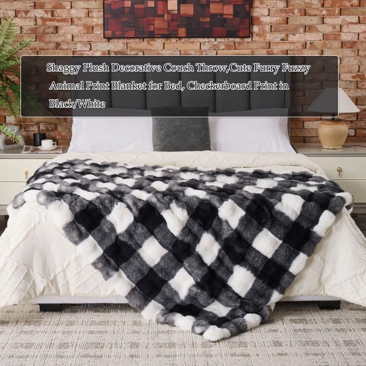 760GSM Faux Rabbit Faux Fur Throw Blanket,Super Thick Warm Bubble Blanket Throw,Fuzzy Luxury Plush Decorative Blanket for Couch Bed Sofa(Checkerboard Print in Black/White,50''x 60'')