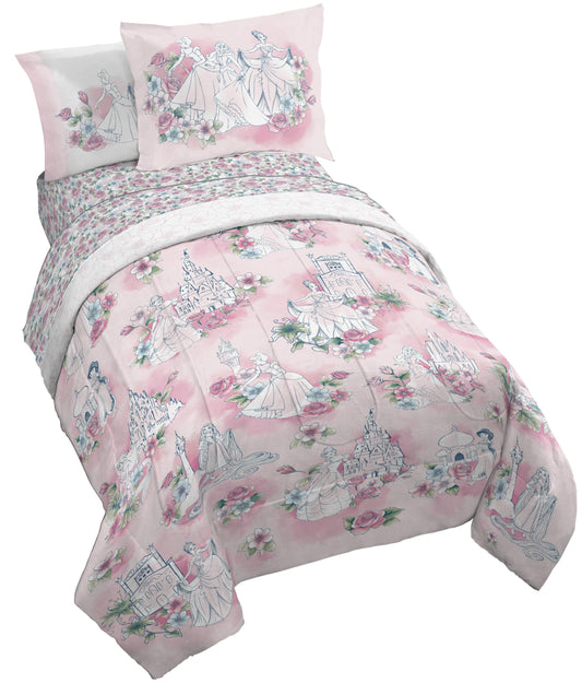 Jay Franco Kids Comforter Set Includes Sheets and Pillow Covers - Soft and Cozy Bed Set for Stylish Room Decor, Pink - Disney Princess, 5 Piece Twin Bedding