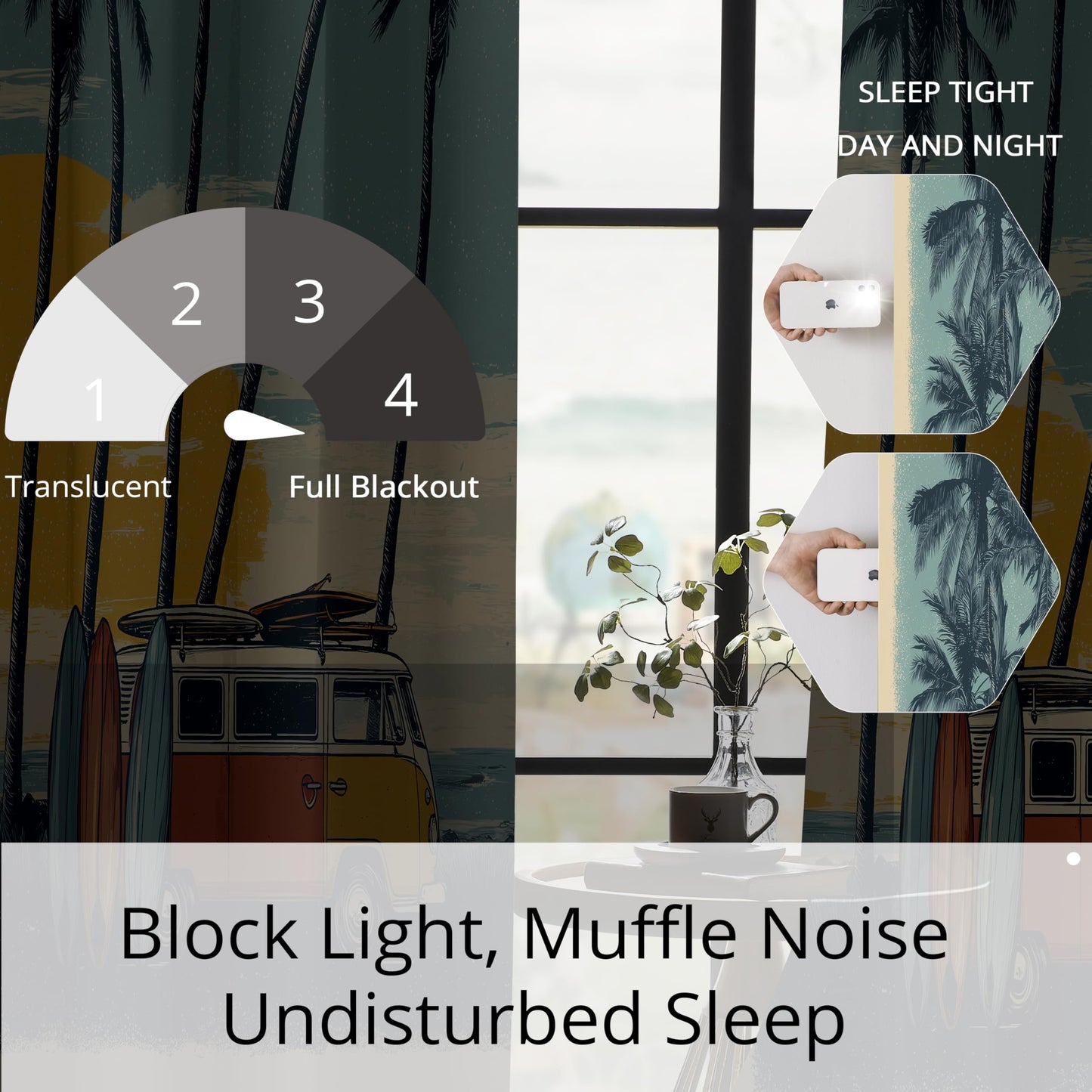 BOHOMOCASA Surf Camp Blackout Curtains, Coastal Ocean Drapes, 100% Light Blocking, Thermal Insulated & Noise Reducing Curtains for Bedroom, Grommet Top 52 x 84 Inches, 2 Panels