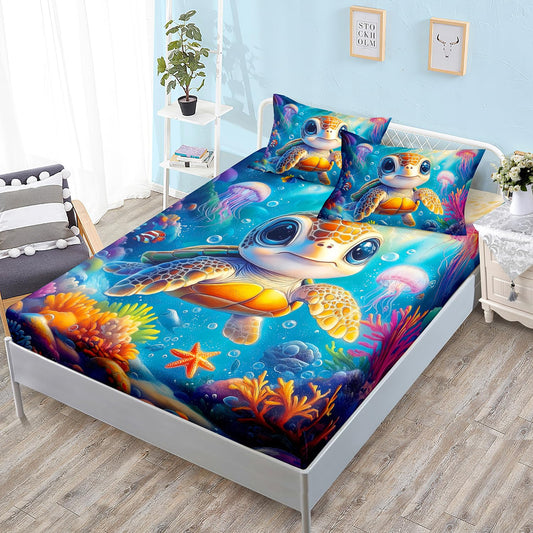 HOSIMA Cute Sea Turtle Fitted Sheet Twin,Fish Jellyfish Print Coastal Bedding for Kids Boys Girls Room Decor,Colorful Corals Pattern Ocean Themed Bedding,1 Fitted Sheet+2 Pillowcases.