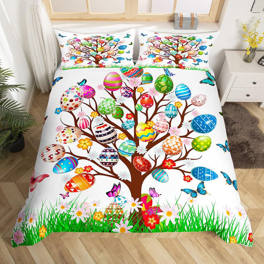 Erosebridal Easter Eggs Comforter Cover Colorful Tree of Life Bedding Set Toddler Easter Decor,Flying Butterflies Kawaii Duvet Cover Butterfly Bed Sets,Backdrop Decorations for The Home Queen