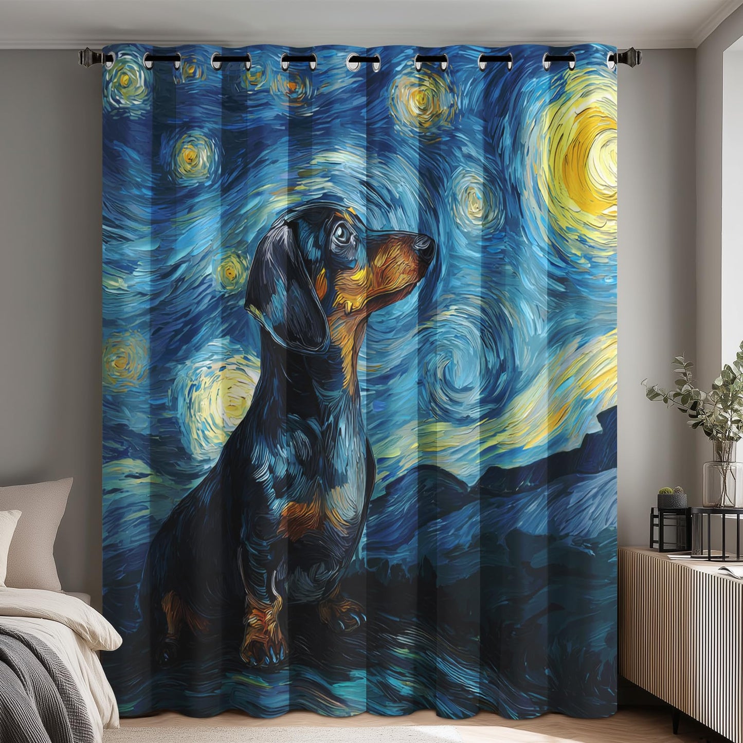 95% Blackout Starry Night Curtains - Oil Painting Dachshund Curtains for Bedroom Living Room Decor, Sausage Dog Home Decor, Thermal Grommet Black Out Drapes 84 Inches Long 2 Panel Set X59
