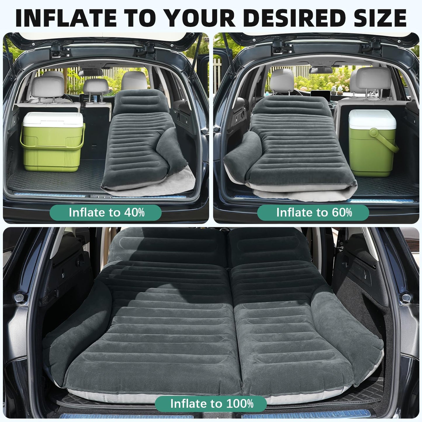 KMZ SUV Air Mattress Double Sided Thickened Flocking Car Bed – Portable Inflatable Mattress Pad for Camping & Travel with 2 Pillows & Electric Pump (Green+Light Gray)