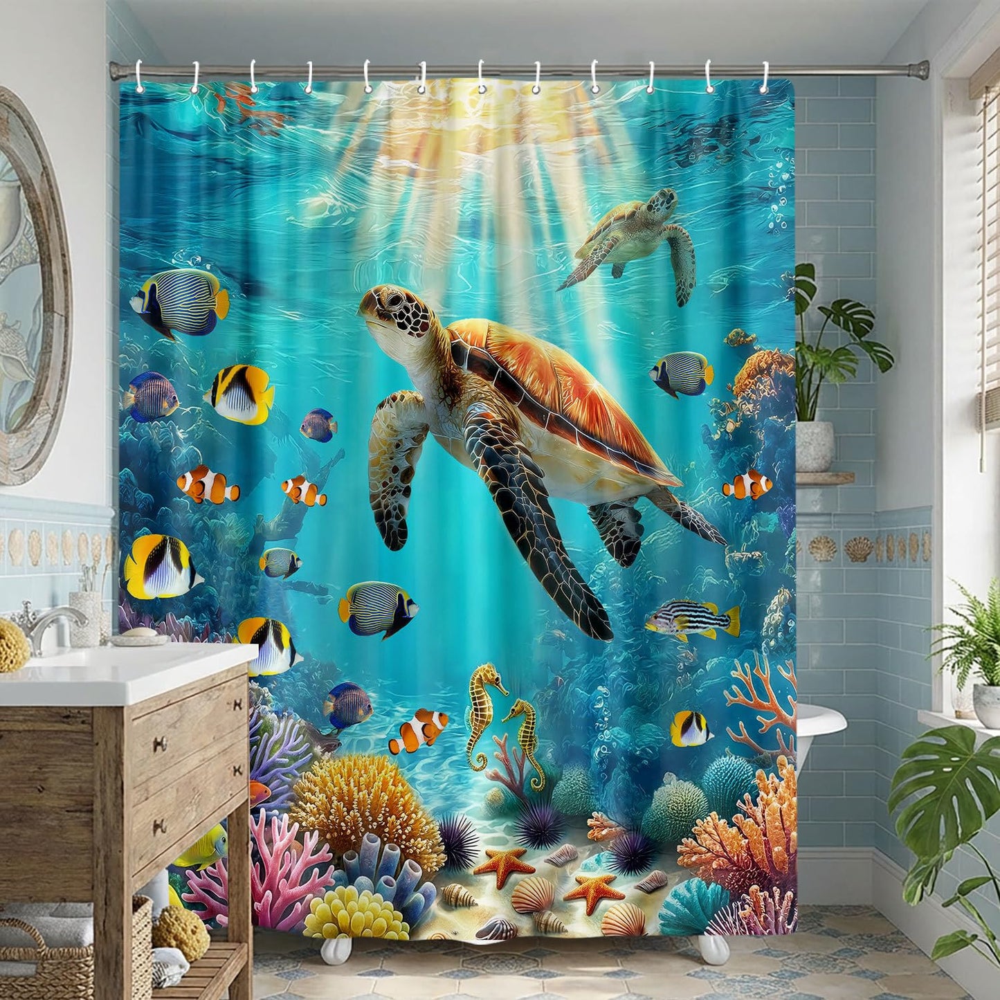Sea Turtle Shower Curtain, Underwater World Shower Curtain for Kids Bathroom, Tropical Fish Coral Reef Ocean Theme Fabric Beach Shower Curtain Set with 12 Hooks, Coastal Decoration 72X72 with Hooks