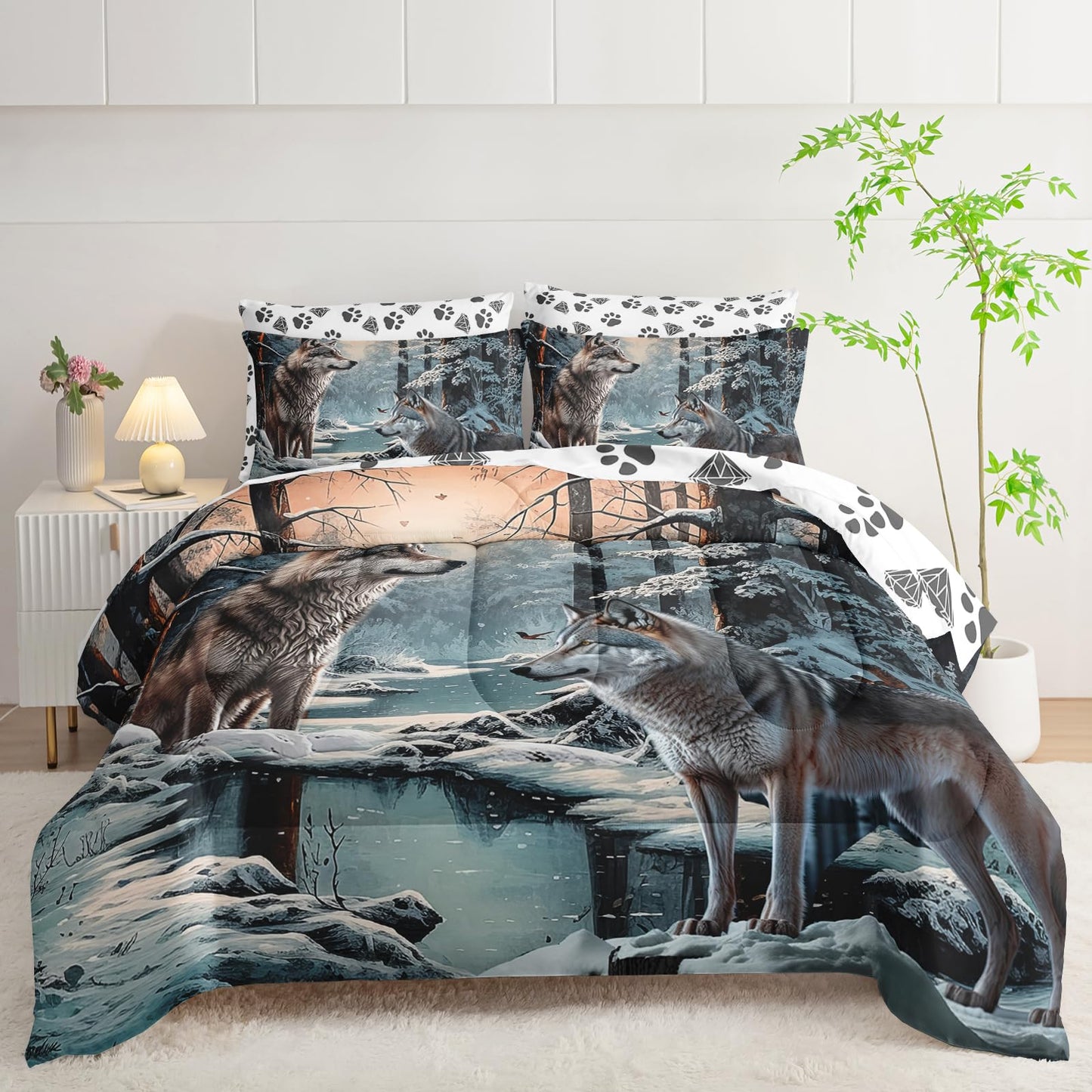 AILONEN Snow Wolf Comforter Set Full Size,7-Piece Soft Bed in a Bag,Snowfield Forest Animals Printed Comforter & Fitted Sheet & Flat Sheet & 2 Pillowcases,2 Pillow Shams for Kids Boys Adults