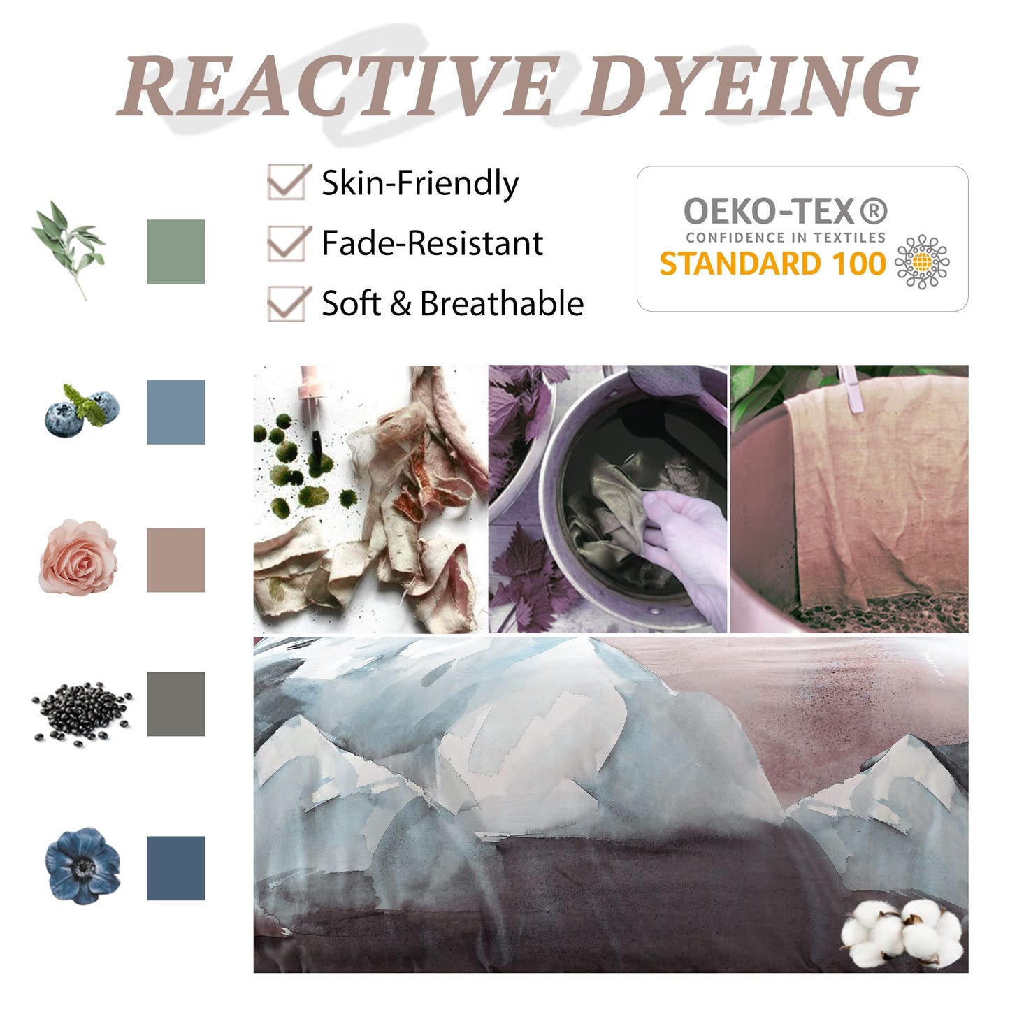 MILDLY 100% Long-Staple Cotton Duvet Cover Queen, Gray Pink Marble Pattern Comforter Cover Set 500TC Watercolor Abstract Reversible Soft & Breathable