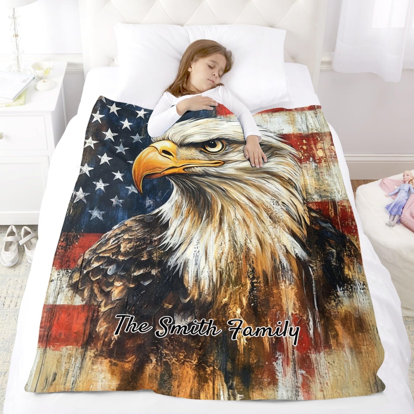 CUSFOU Eagle with America Flag Blanket, Personalized Blanket with Name for Sofa Couch, Independence Day, 4th of July Gifts, 30"x40"