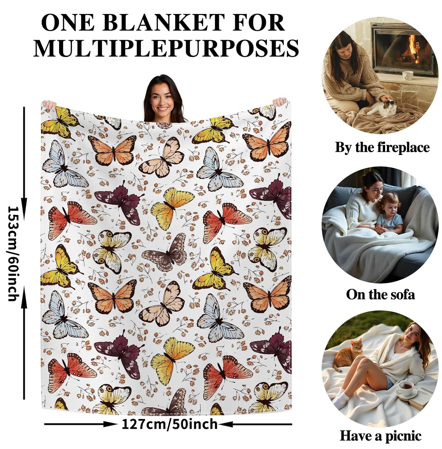 Butterfly - Themed Soft Flannel Blanket Lightweight Decor for Home, Great Gift for All Seasons for Women, Girls, and Lovers of Butterflies (50"x60")