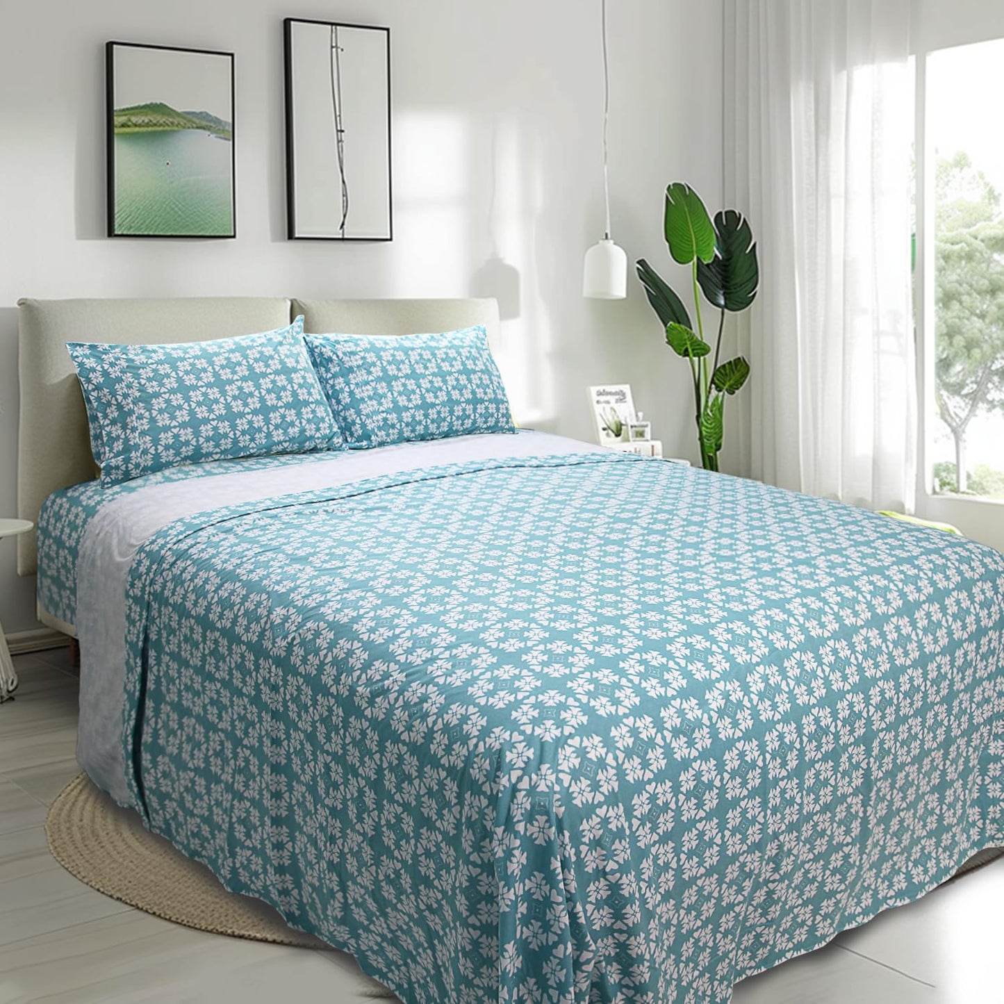 Marquess Microfiber Flannel Sheet Set - Ultra Soft Printed Bedding Collection, 16 Inches Deep Pocket, Flannel Bed Set Includes 1 Flat Sheet, 1 Fitted Sheet & 2 Pillowcases (Azure Blue Flower, Queen)