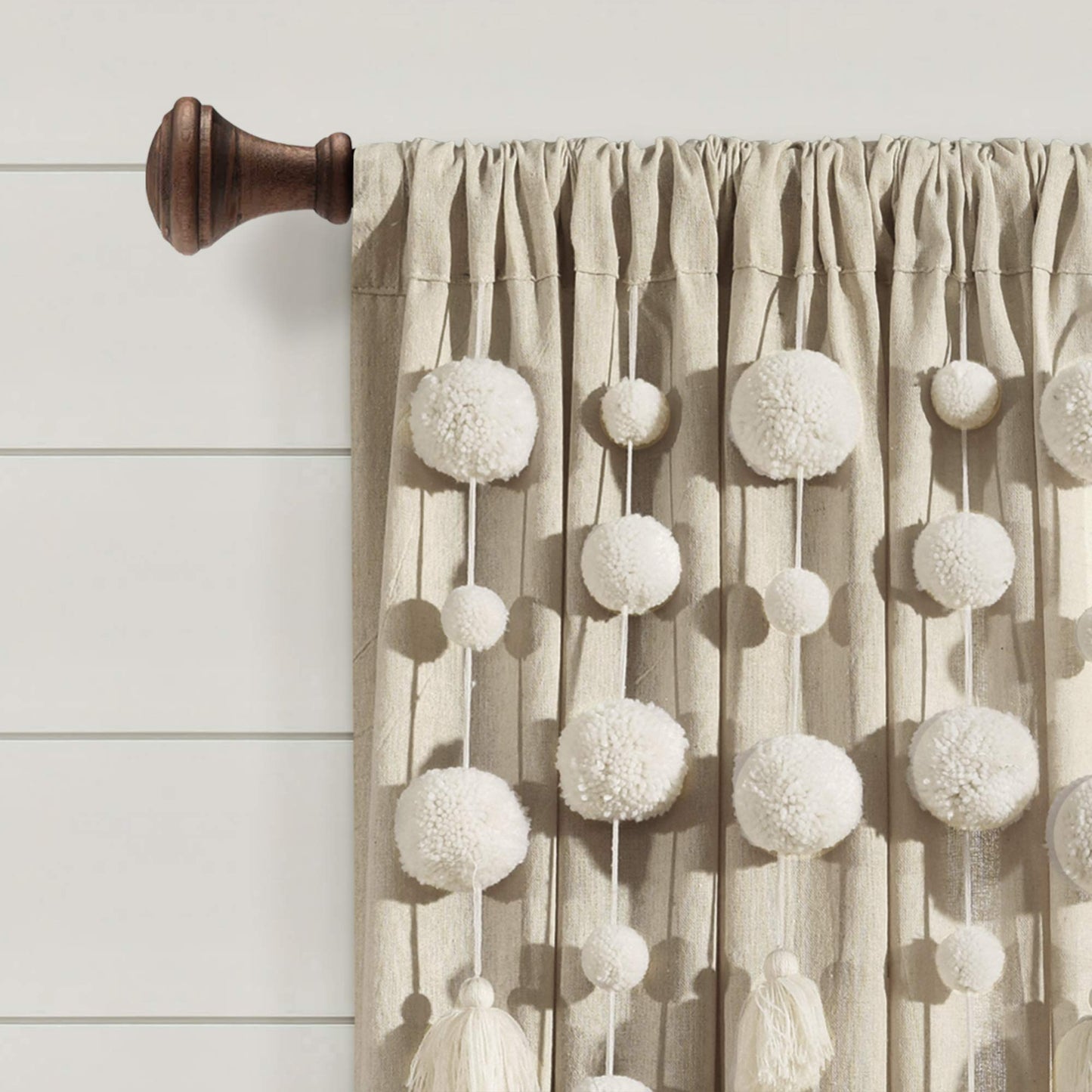 Lush Decor Boho Pom Pom Tassel Linen Textured Window Curtain Panel, Single 52" W x 95" L Linen -