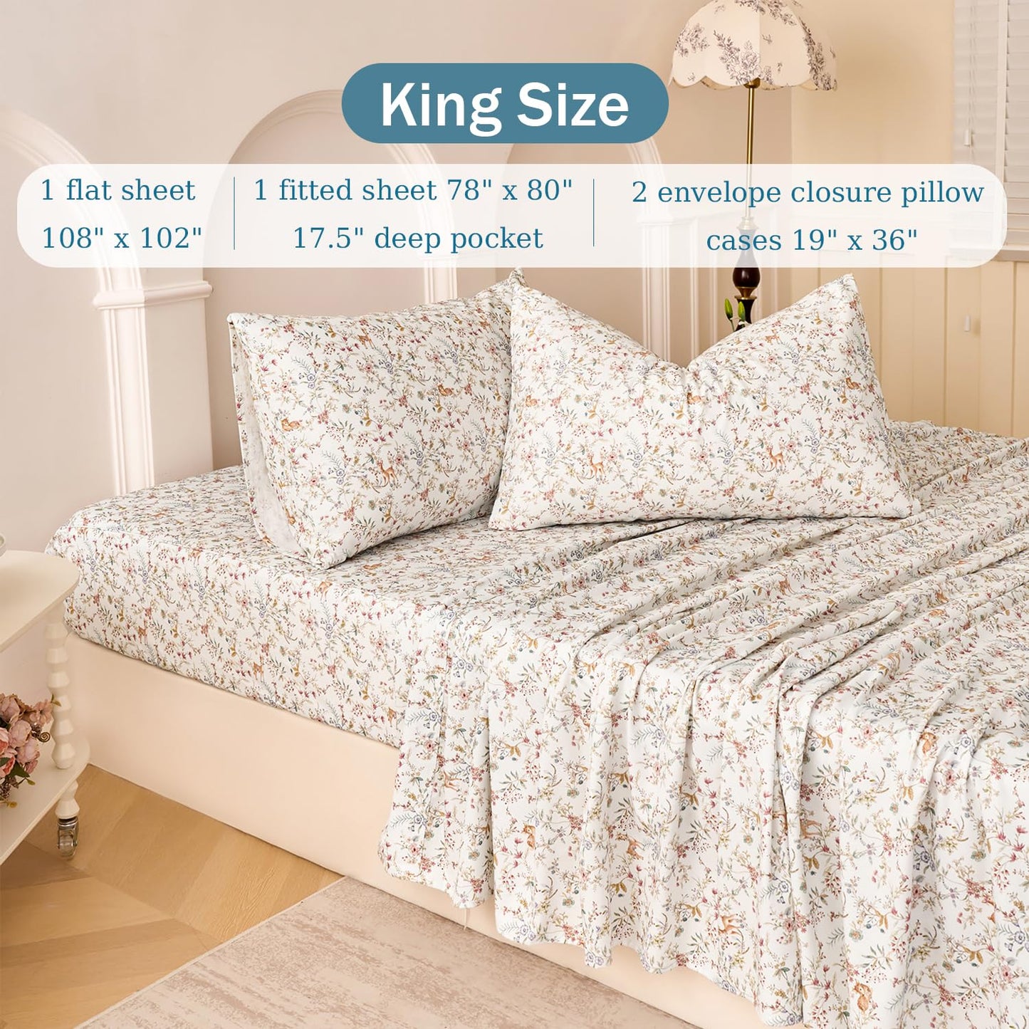 Huborise Orange King Size Sheet Set 100% Cotton Flannel-Like Warm Luxury Animal & Floral Bed Sheets 4Pc Deep Pocket 17.5", Double Brushed Extra Soft Breathable, Fall/Winter French Country Bedding