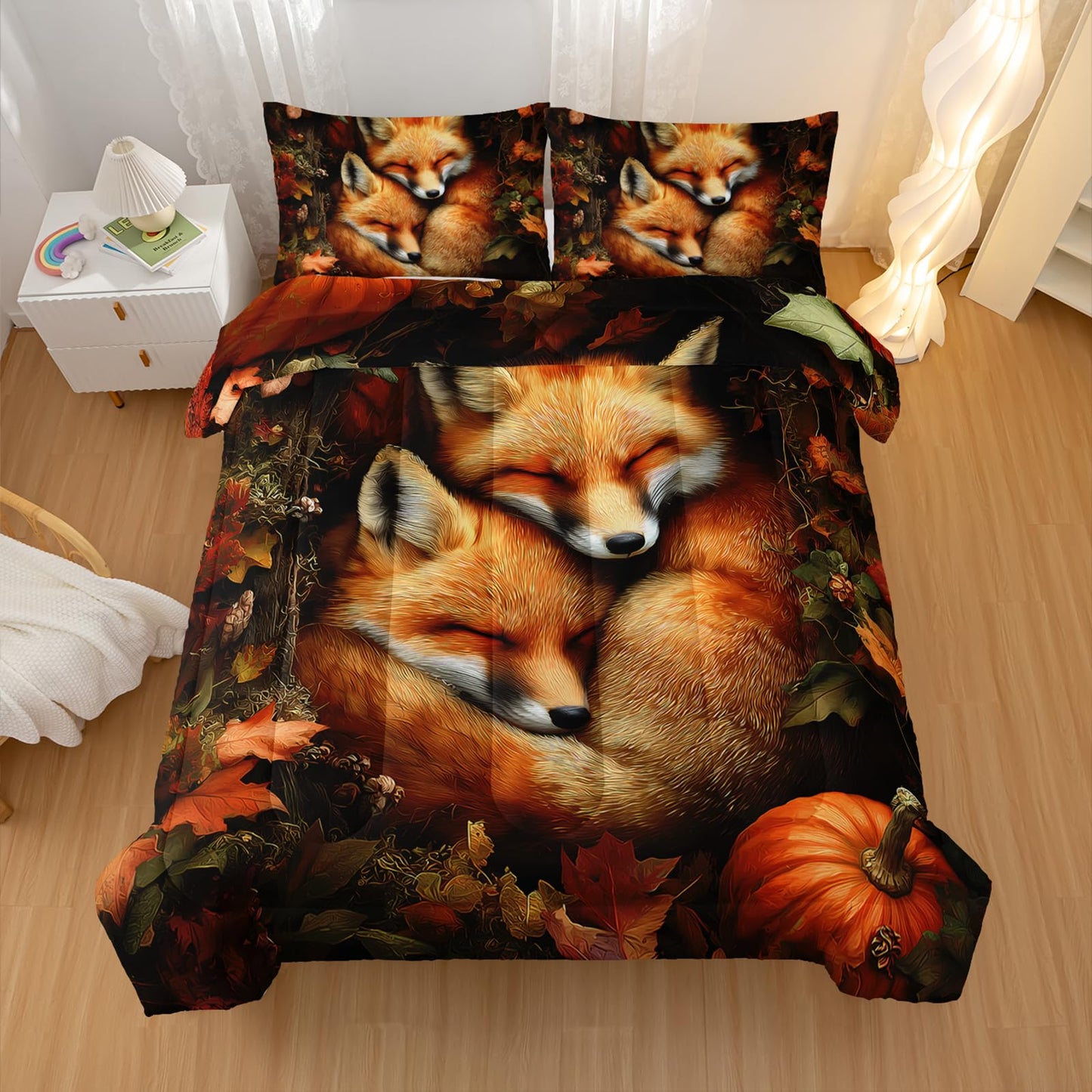 Nttopship Fox Comforter Set 3-Pieces Full Size,Cute Foxes Bedding Set for Kids Boys Girls Cute Animal Comforter Wildlife Quilt Set 3D Animal Plants Leaves Printed ThemeComforter with 2 Pillowcases