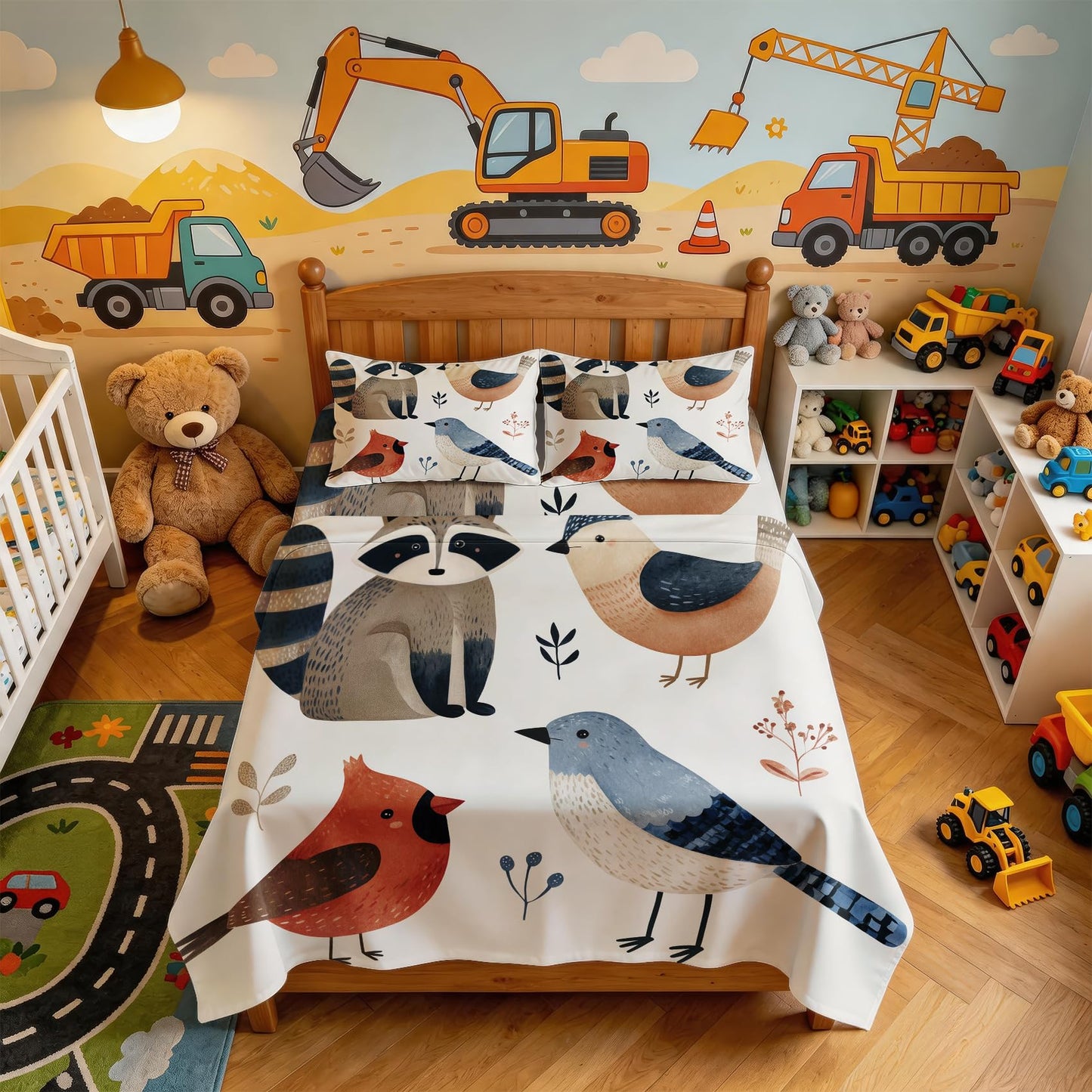 Bird Bedding Set 4 Pcs Raccoon King Sheets, Red Blue White