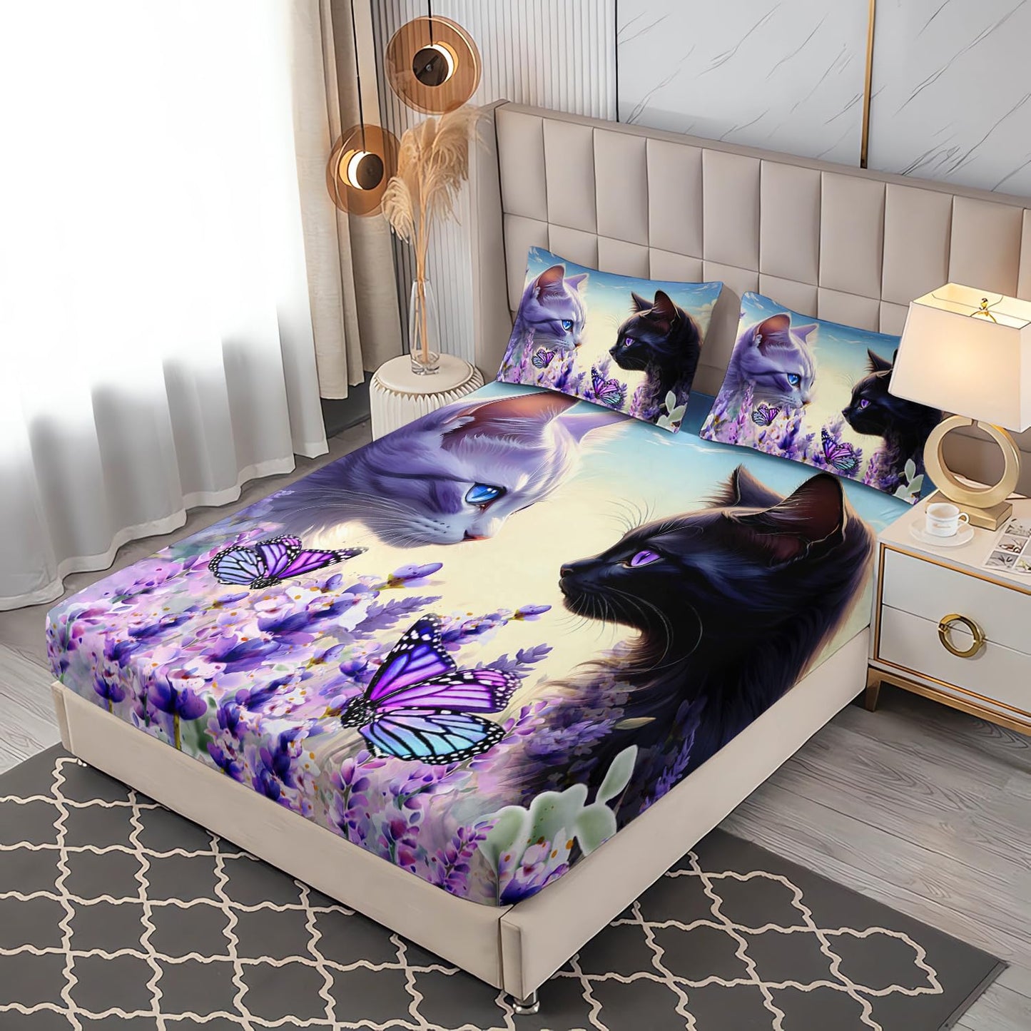 UEVBF Cat Fitted Sheet Toddler Bedding Set,Floral Bedding Animal Themed Fitted Sheet Sets for Kids Boys Girls Room Decor,Cute Bed Fitted Sheet Sets Twin Size,1 Fitted Sheet+2 Pillowcases.