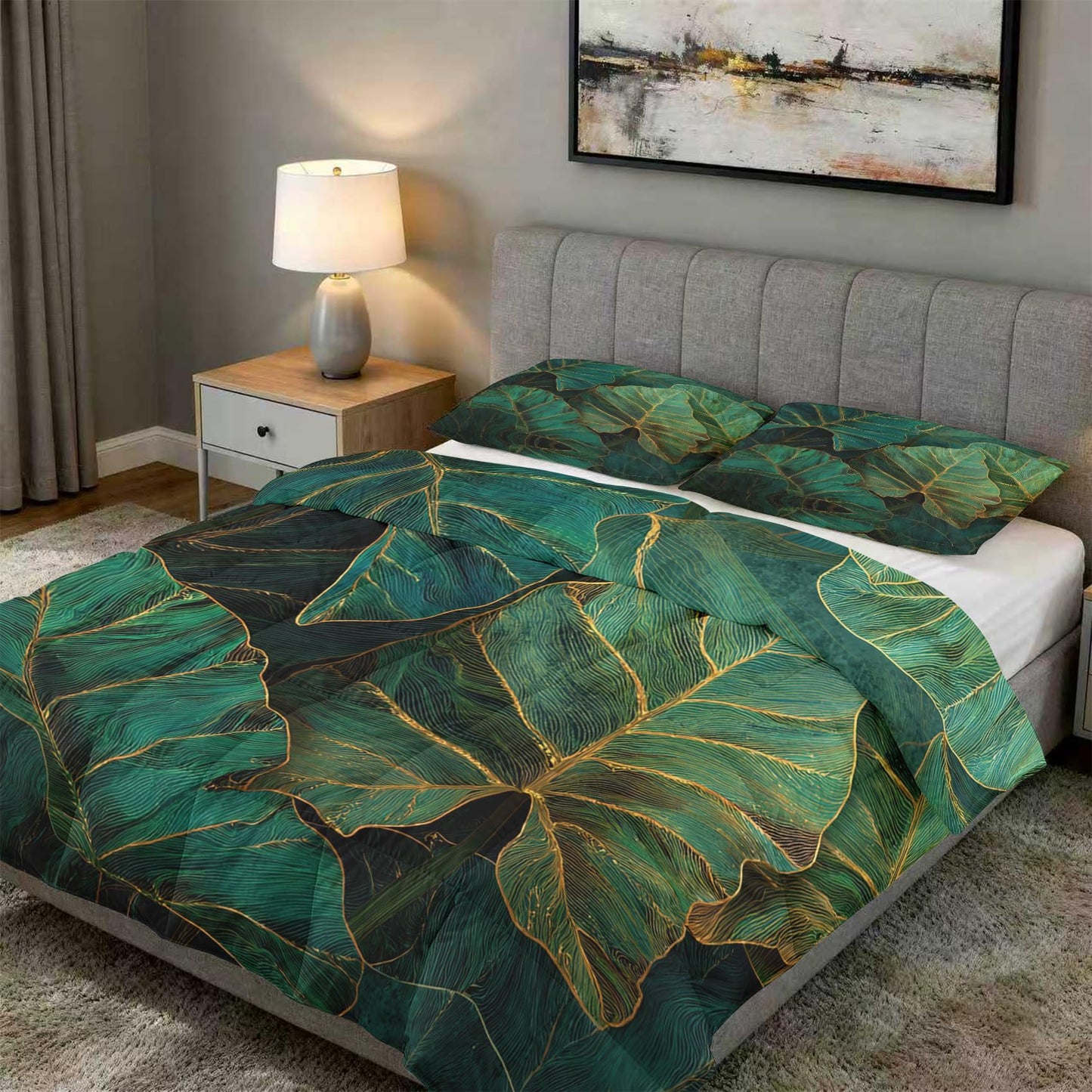 Monstera Comforter Set King Size 3Pc, Tropical Leaves Pattern Down Alternative Bed Comforter, 2 Pillow Shams, Soft All Season Bedding, Monstera Bedroom Decor AF4303