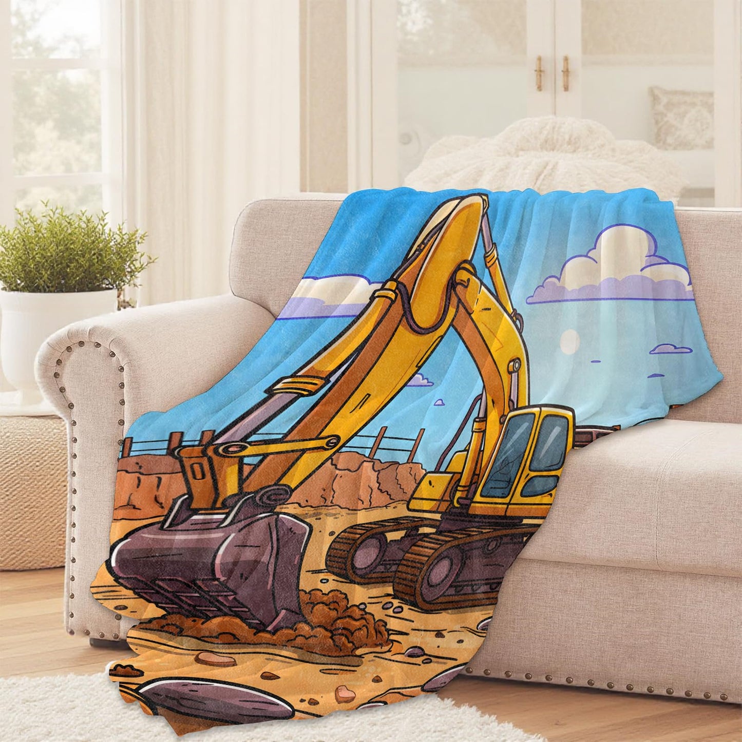 Excavator Construction Truck Throw Blanket for Girls Boys Kids Adults, 50x60 in, Cozy Flannel Blanket for Bedroom, Camping, Couch, Room Decor, Fuzzy Warm Soft Gifts