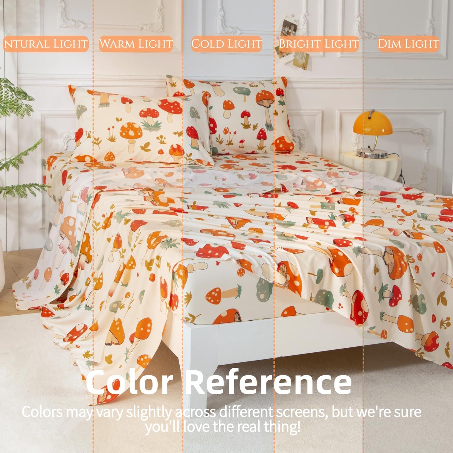 SDY 4 Pieces Mushroom Sheet Set Full Size,Cute Sheets with Mushrooms for Boys, Girls, Kids and Toddler,Bed in A Bag Packaged with 1 FittedSheet+ 1 Top FlatSheet + 2 Pillowcases