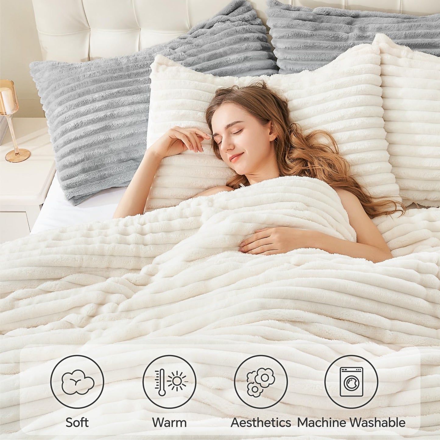 BEDELITE Fleece Queen Comforter Set -Super Soft & Warm Fluffy Cream White Bedding, Luxury Fuzzy Heavy Bed Set for All Season with 2 Pillow Cases