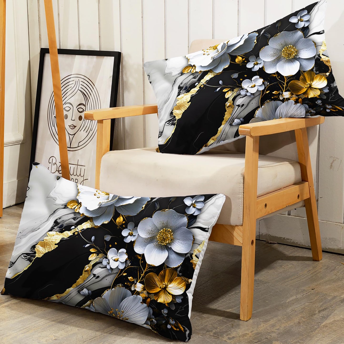 AILONEN Black and White Floral Fitted Sheet Set Queen Size, 3D White Flower Bedding Set for Kids Teends Adults,Marble Style Bed Sheet Set,1 Fitted Sheet and 2 Pillowcases,3Pcs