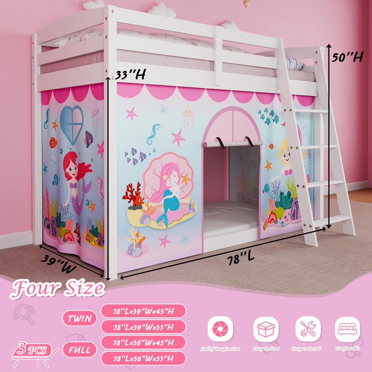 YRDKB Mermaid Bunk Bed - Curtains Premium and Customizable Cartoon Loft Bed Curtains for Children to Enhance The Imaginative Creation Bedroom Curtains(3PCS,Twins)